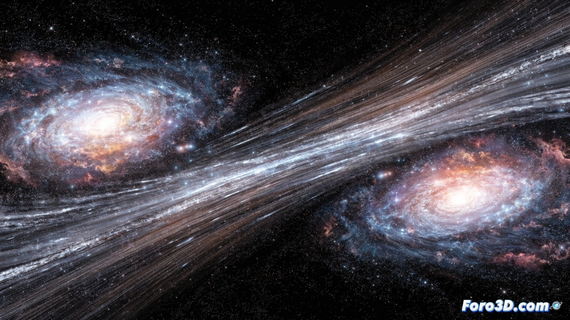 colliding galaxies in deep space, massive blue-white gas streams being violently ejected outward from galactic cores, supernova shockwaves rippling through interstellar material, star-forming regions fading as gas clouds disperse, glowing purple and orange debris trails, cosmic dust illuminated by distant starlight, dramatic particle expulsion showing the process of galactic starvation, cinematic space visualization, ultra-detailed nebula textures, high contrast lighting with dark void background, photorealistic astronomical render