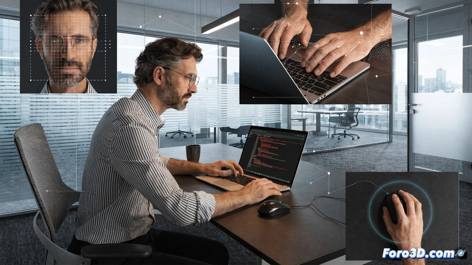 corporate office desk viewed from above, employee mouse cursor being tracked by invisible surveillance software, screen showing real-time activity monitoring dashboard, keyboard with motion-tracking sensors, webcam lens glowing red, shadowy figures in background representing data collectors, cinematic photorealistic style, dramatic overhead lighting, cold blue and grey color palette, ultra-detailed office equipment, tense atmosphere, employee hand hesitating over mouse during a brief pause, demonstrating constant digital scrutiny, technical illustration aesthetic