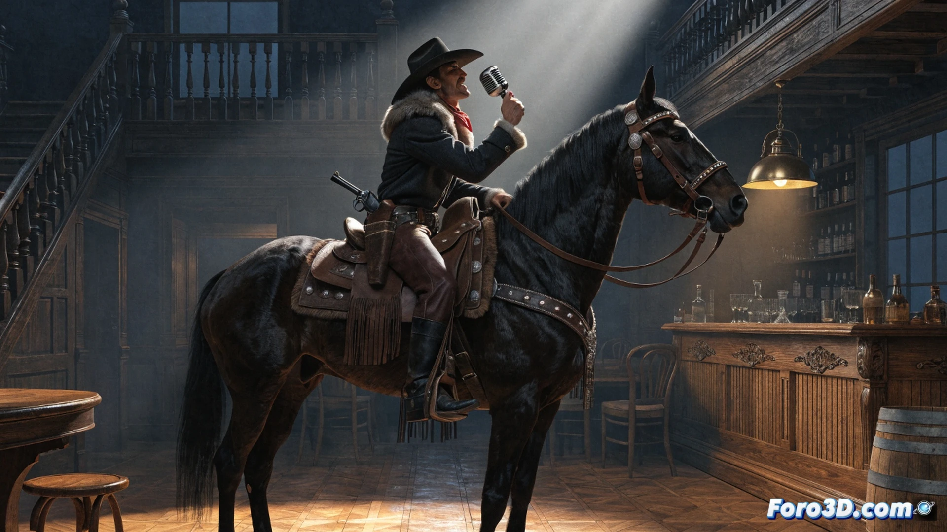 Cowboy vigilante on horseback in a dusty western saloon at dusk, drawing a revolver while singing with mouth open, vintage comic book style, dramatic shadows from swinging saloon doors, holster straps and spur details visible, horse rearing with saddle and bridle, abandoned whiskey bottles on wooden bar, sepia-toned cinematic lighting, dust particles floating in air, action pose showing gun draw process, photorealistic illustration with aged paper texture, golden hour light streaming through windows, solitary figure demonstrating forgotten hero stance, ultra-detailed leather and metal textures.