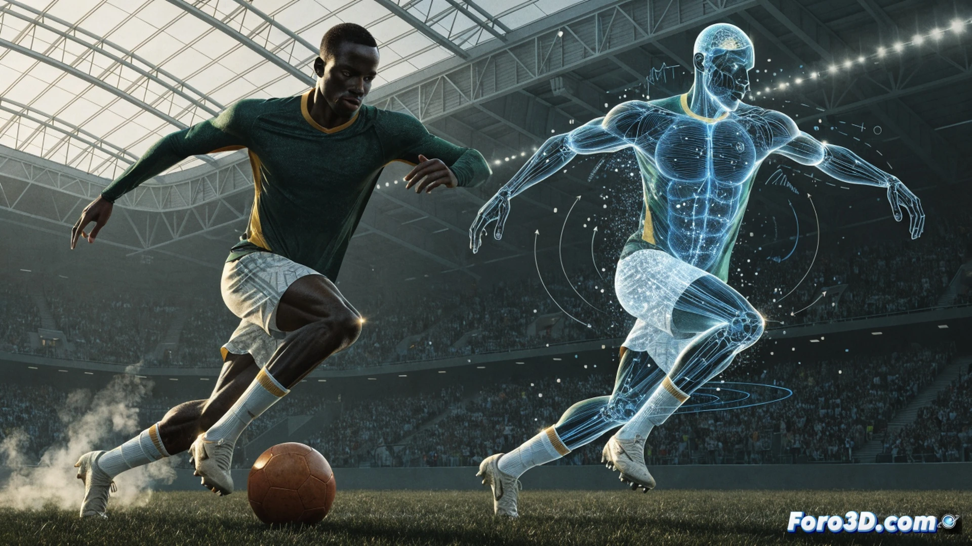 Bayer Leverkusen striker Viktor Okoh Boniface mid-stride during a counter-attack, biomechanical analysis overlay showing muscle activation in legs and core while shielding ball from defender, 3D wireframe skeleton tracking hip rotation and center of mass shift, tactical heatmap glow on pitch indicating dangerous zones, ball deformation lines showing spin and pressure, cinematic technical illustration style, dramatic stadium floodlights, sweat droplets frozen mid-air, photorealistic engineering visualization with motion blur