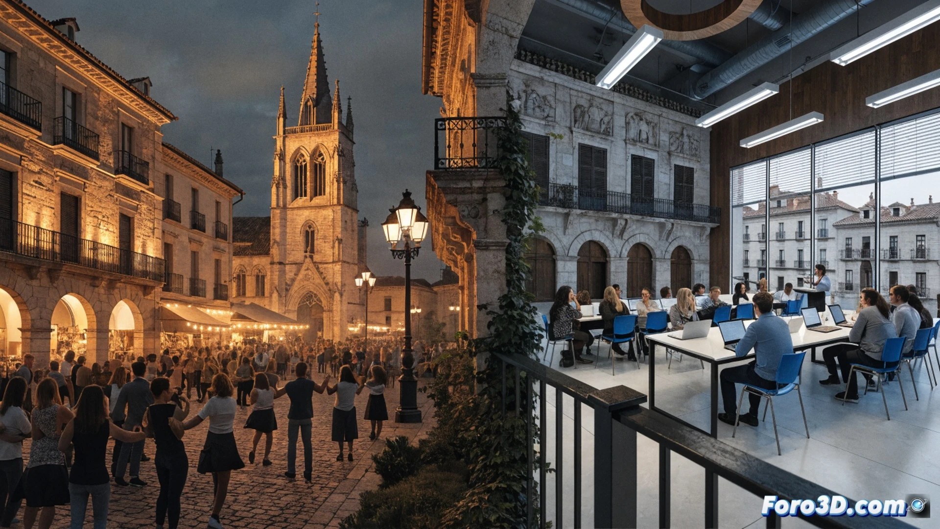 Plaza mayor iluminada con faroles románticos al atardecer, pareja consultando un mapa de rutas culturales mientras jóvenes participan en un taller de orientación laboral bajo toldos blancos, monitors mostrando currículums digitales en tablets, arquitectura renacentista al fondo, dinamismo entre tradición y modernidad, cinematic photorealistic render, cálida luz dorada contrastando con pantallas LED, mesa con folletos de empleo y pluma estilográfica, flores decorativas y café servido, atmósfera bulliciosa de pueblo activo, técnica cinematográfica con profundidad de campo.