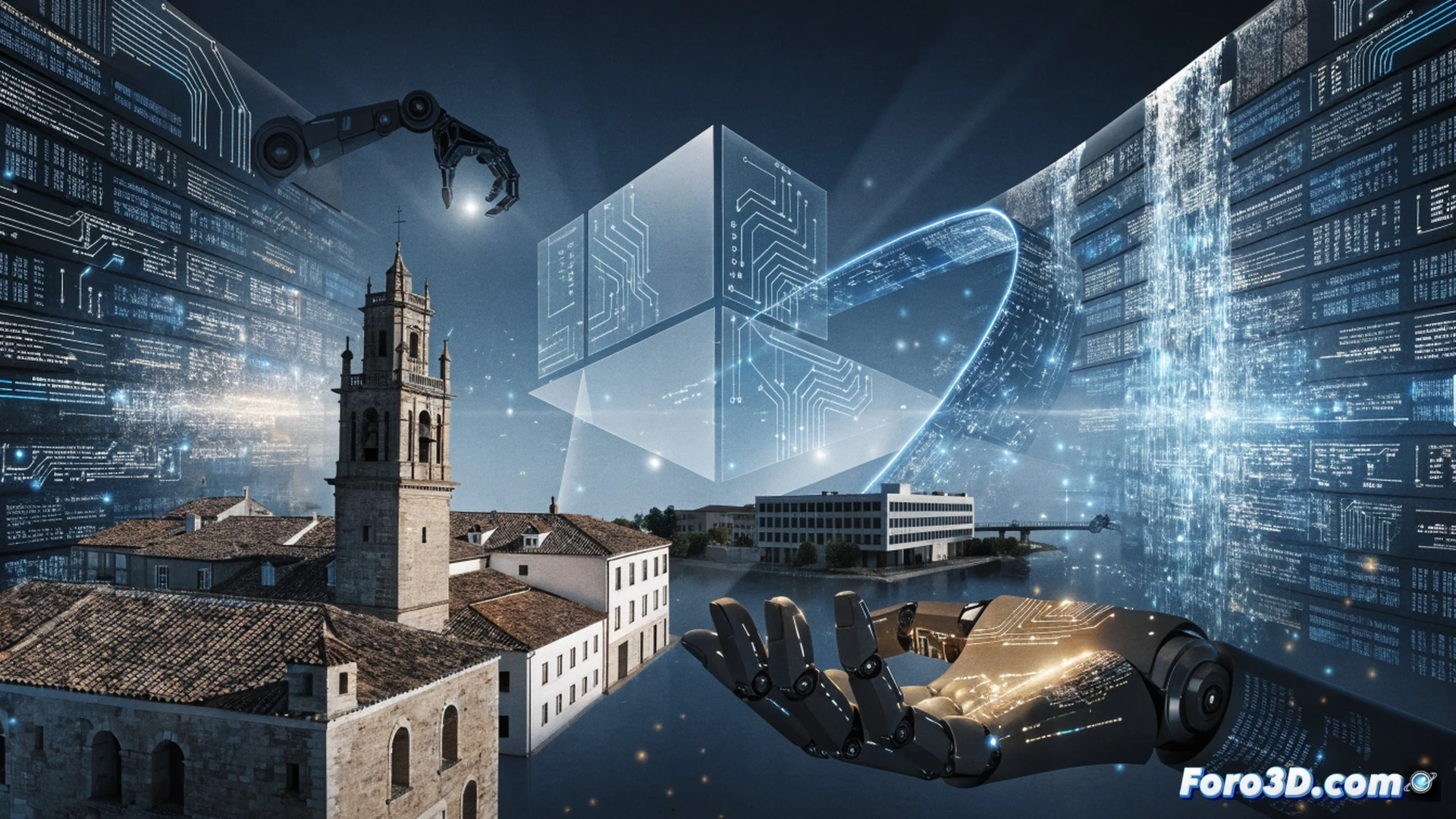 digital tablet showing a secure online municipal portal interface, glowing padlock icon over a city hall payment form, hands typing on keyboard while a shield symbol appears above, background has blurred view of Villanueva de la Serena town square, data flow lines connecting citizen profile to encrypted server racks, technical illustration style, photorealistic render, cinematic lighting with blue and green cybersecurity tones, action of submitting a tax payment with real-time fraud protection scanning, ultra-detailed screen reflections and circuit board patterns