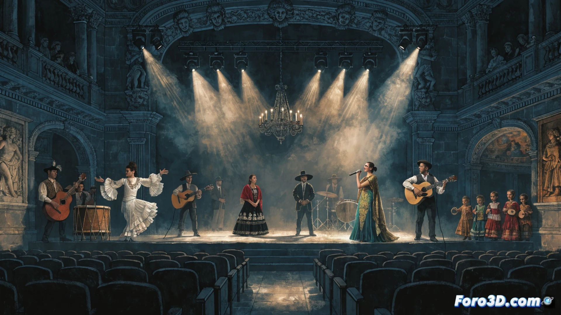 Spanish traditional dancers performing on a small portable stage in a cobblestone town square, Portuguese musicians playing acoustic guitars and accordions beside them, local villagers watching from cafe terraces and shop doorways, theatre lights and sound equipment visible on the stage edges, cables running to a mixing console at the side, cinematic photorealistic style, golden hour sunlight casting long shadows, warm amber street lamps beginning to glow, audience members clapping and smiling, flags of Spain and Portugal hanging from balcony railings, technical theatre gear integrated into the historic setting, dynamic cultural fusion moment, ultra-detailed architecture and costumes, dramatic evening atmosphere