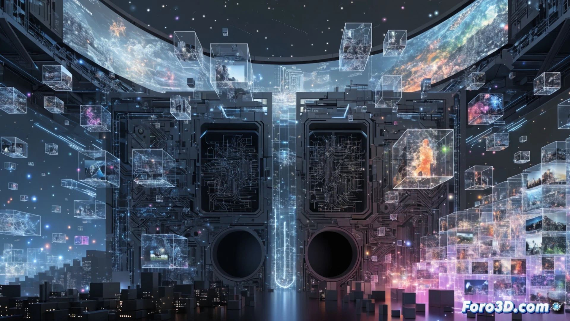 cinematic scene of an abandoned digital archive server room, a single glowing monitor displaying a vintage Vimeo interface frozen mid-loading, while a transparent holographic video-NFT sphere floats above a creator's desk, micropayment tokens streaming from a viewer's device into the sphere, a decentralized blockchain ledger projected on a glass wall updating in real-time, creator's hand gesturing over a tablet showing passive income metrics, photorealistic technical illustration, cold blue and neon cyan lighting, dust particles floating in stale air, metallic server racks with blinking red LEDs, ultra-detailed hardware textures, dramatic contrast between dead archive and living digital assets