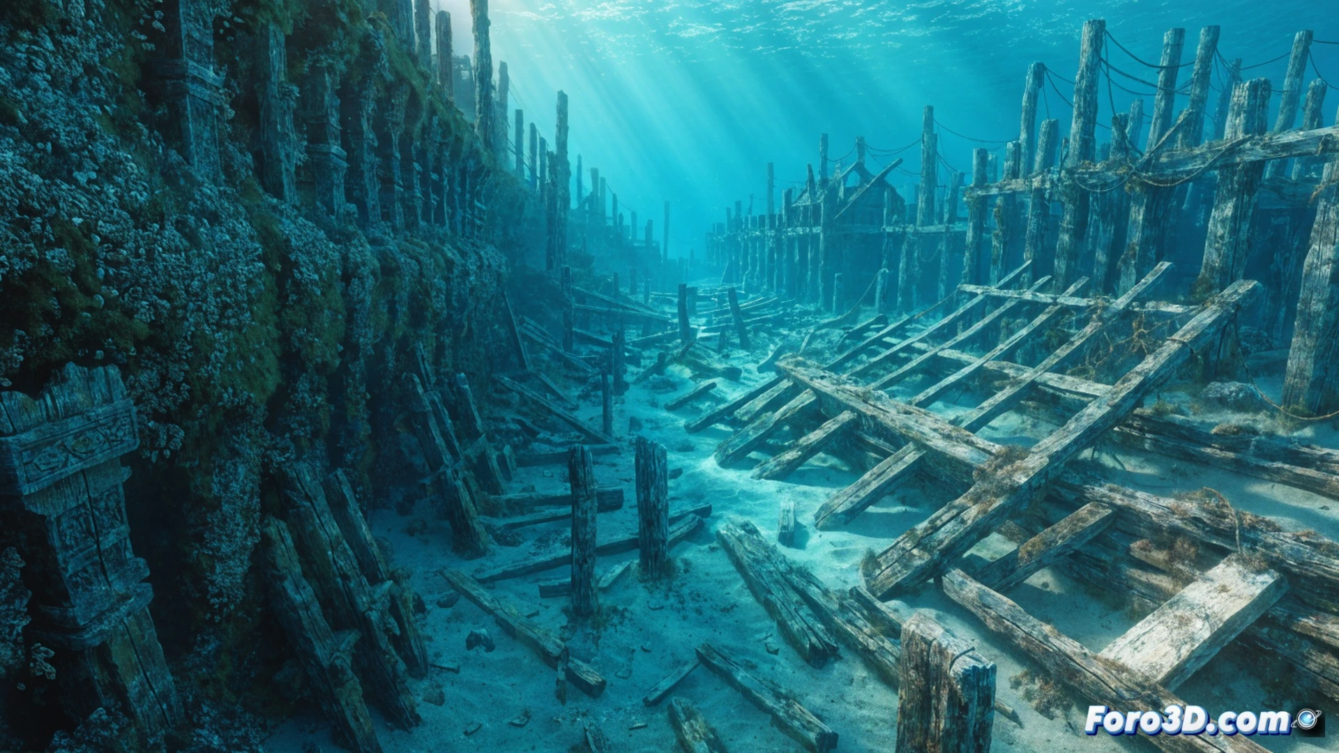 Medieval port city Vineta submerged beneath Baltic Sea waves, stone buildings with Gothic arches and wooden docks crumbling underwater, sunlight filtering through murky green water illuminating scattered amphorae and merchant goods on seabed, marine archaeologists in diving gear using metal detectors and underwater drones to scan ruins, sediment particles drifting around submerged structures, cinematic photorealistic underwater visualization, dramatic chiaroscuro lighting from surface, detailed stone masonry textures, kelp and barnacles covering walls, faint golden treasure glinting in shadows, ultra-detailed technical render of submerged archaeological site
