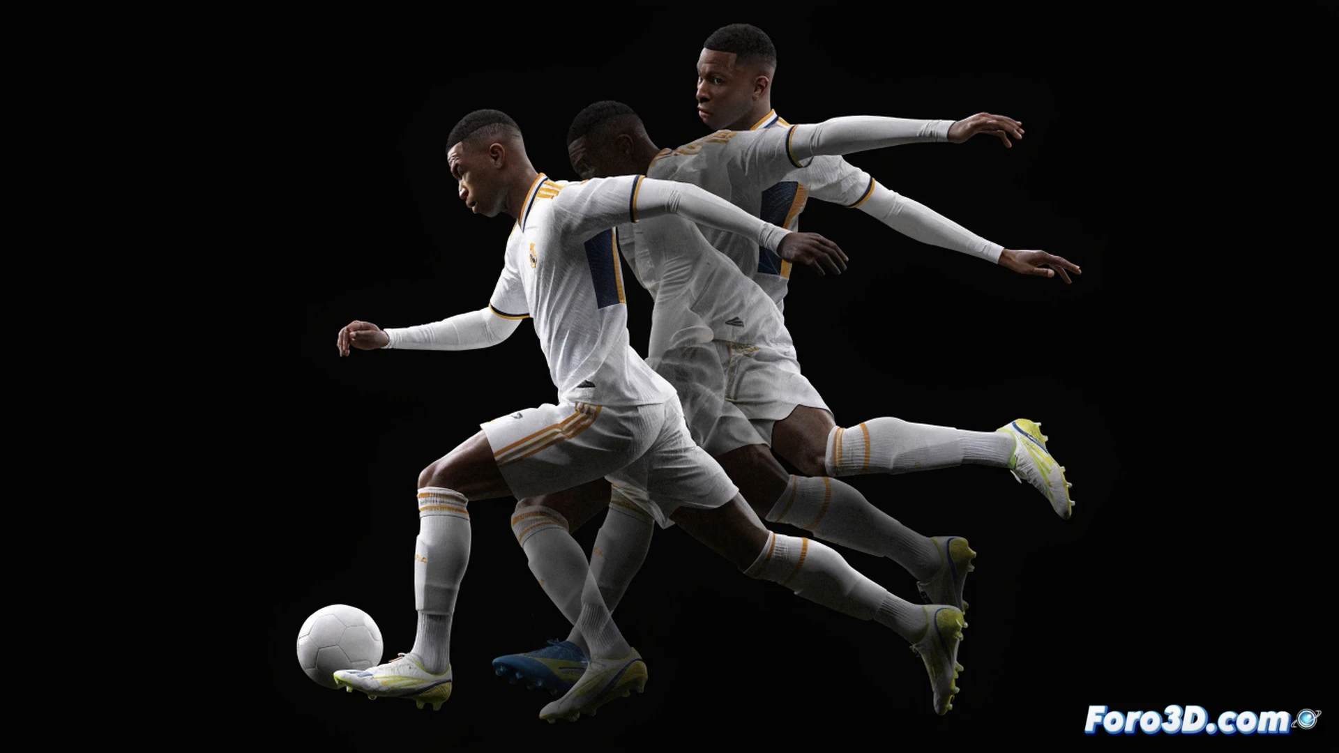 3D tactical analysis of Vinícius Júnior performing a sudden change of direction, low center of gravity shown through volumetric body reconstruction, rapid stride cadence visualized with glowing motion trails, defender slightly off-balance in background, technical illustration style with skeletal wireframe overlay, biomechanical joint markers highlighting hip and ankle angles, photorealistic football pitch with stadium lighting, translucent blue and red trajectory lines tracing the movement path, ultra-detailed muscle definition under jersey, cinematic sports science visualization