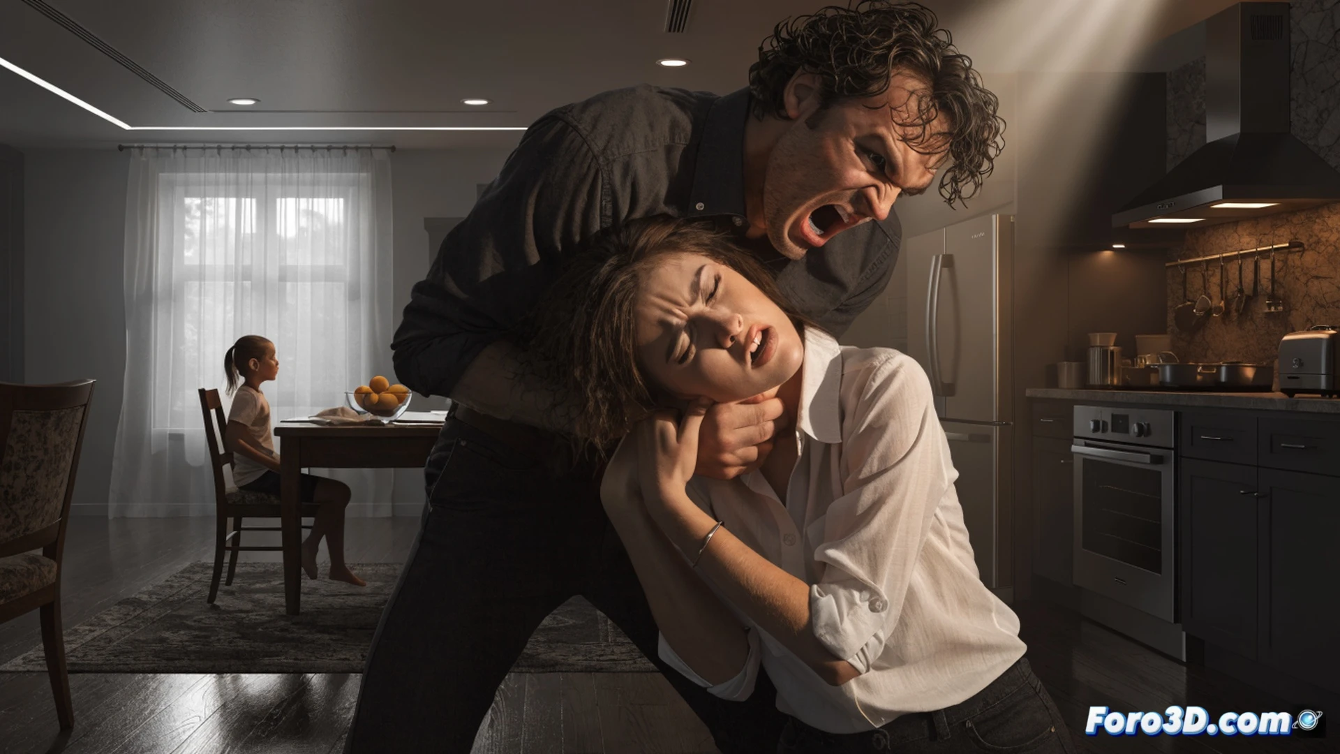 photorealistic domestic interior scene, a man holding a hunting rifle while a woman backs away near an open front door, broken household items scattered on the floor, a smartphone displaying an emergency call interface lies on the table, a police report form with a red warning stamp visible on the counter, tense action moment showing the escalation from argument to lethal threat, cinematic lighting with harsh shadows, cold blue and amber tones, high-contrast dramatic atmosphere, ultra-detailed textures of wood furniture and metal gun barrel, technical illustration style emphasizing the failure of institutional protocols