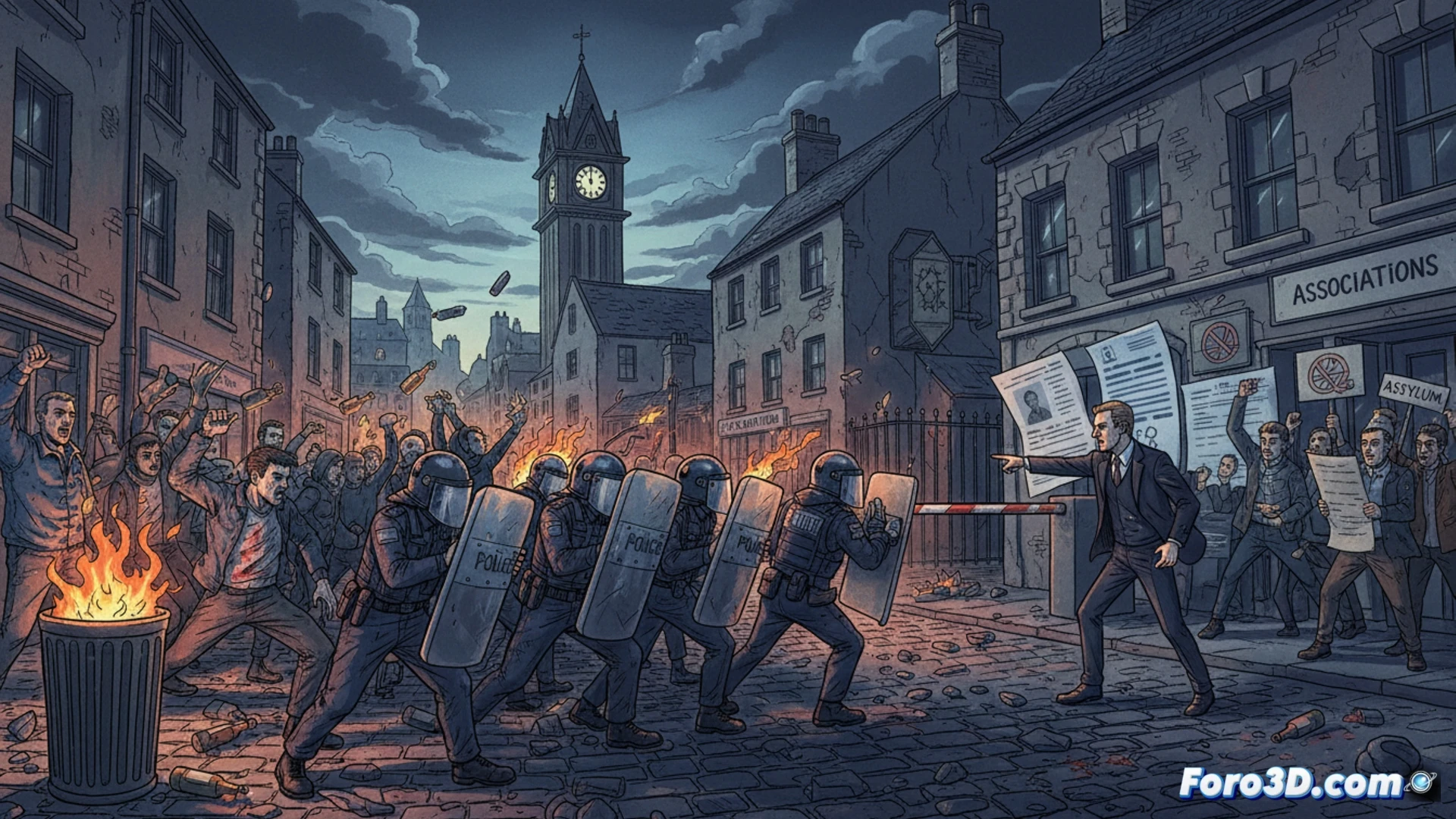 Agentes antidisturbios con escudos enfrentan a manifestantes que lanzan piedras y botellas en calles de Belfast, con humo y caos nocturno.