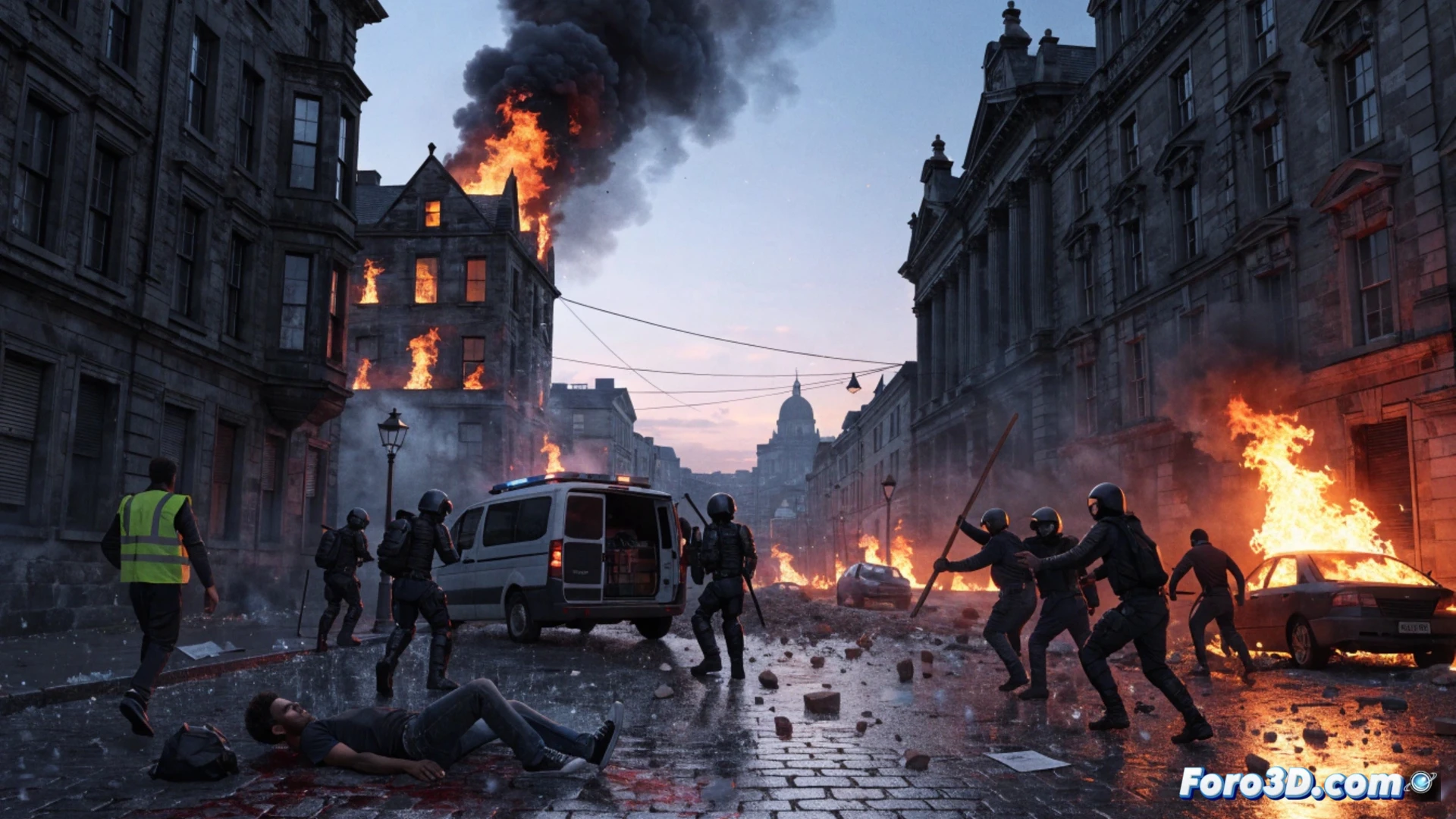 smoke rising from burning cars and houses in a residential Belfast street at night, masked rioters throwing molotov cocktails toward police riot shields, shattered glass and debris scattered on wet asphalt, police in tactical gear forming a defensive line with batons and helmets, glowing embers drifting through the air, photorealistic cinematic news-style scene, dramatic firelight reflecting on wet surfaces, high-contrast shadows, urgent action during escalating violence, technical documentary visualization