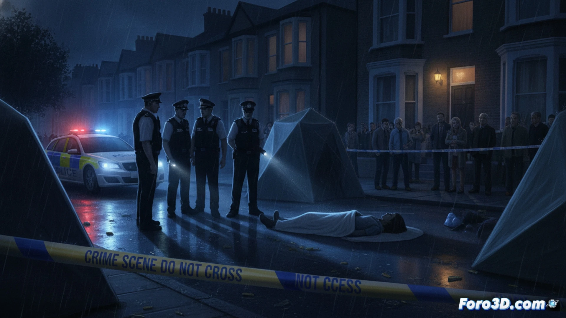 Night-time residential street in Finchley, London, police forensic team examining a two-story house exterior, yellow crime scene tape cordoning off the area, forensic officers in white suits using UV light scanners and evidence markers on the pavement, police vehicles with flashing blue lights illuminating the scene, a forensic photographer documenting tire tracks and shell casings, neighbours watching from behind the tape, dramatic cinematic lighting with high contrast shadows, photorealistic technical crime scene visualization, ultra-detailed urban environment, cold blue and amber light mixture, realistic police equipment and markings, no visible text or numbers.
