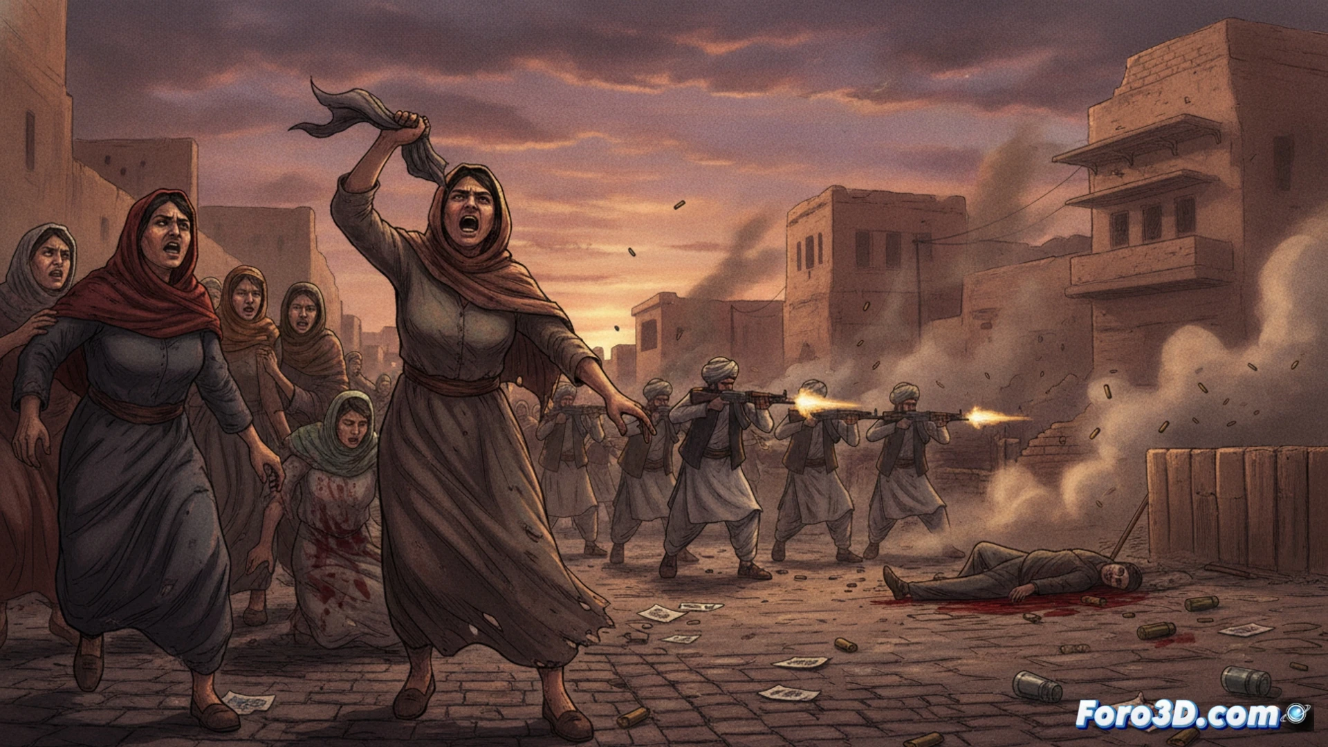Cinematic photorealistic scene of Afghan women protesters in Herat city street facing armed security forces, one woman in blue chador kneeling beside a fallen man on dusty ground, security vehicles with mounted machine guns in background, tear gas canisters trailing white smoke through air, shattered glass on asphalt, burqa-clad women raising hands in defiant gesture, military boots advancing, concrete barriers and shuttered storefronts, dramatic overcast sky, harsh documentary lighting, dust particles suspended in air, wide-angle lens perspective capturing tension and motion, ultra-detailed fabric textures, realistic skin tones, gritty photojournalism aesthetic