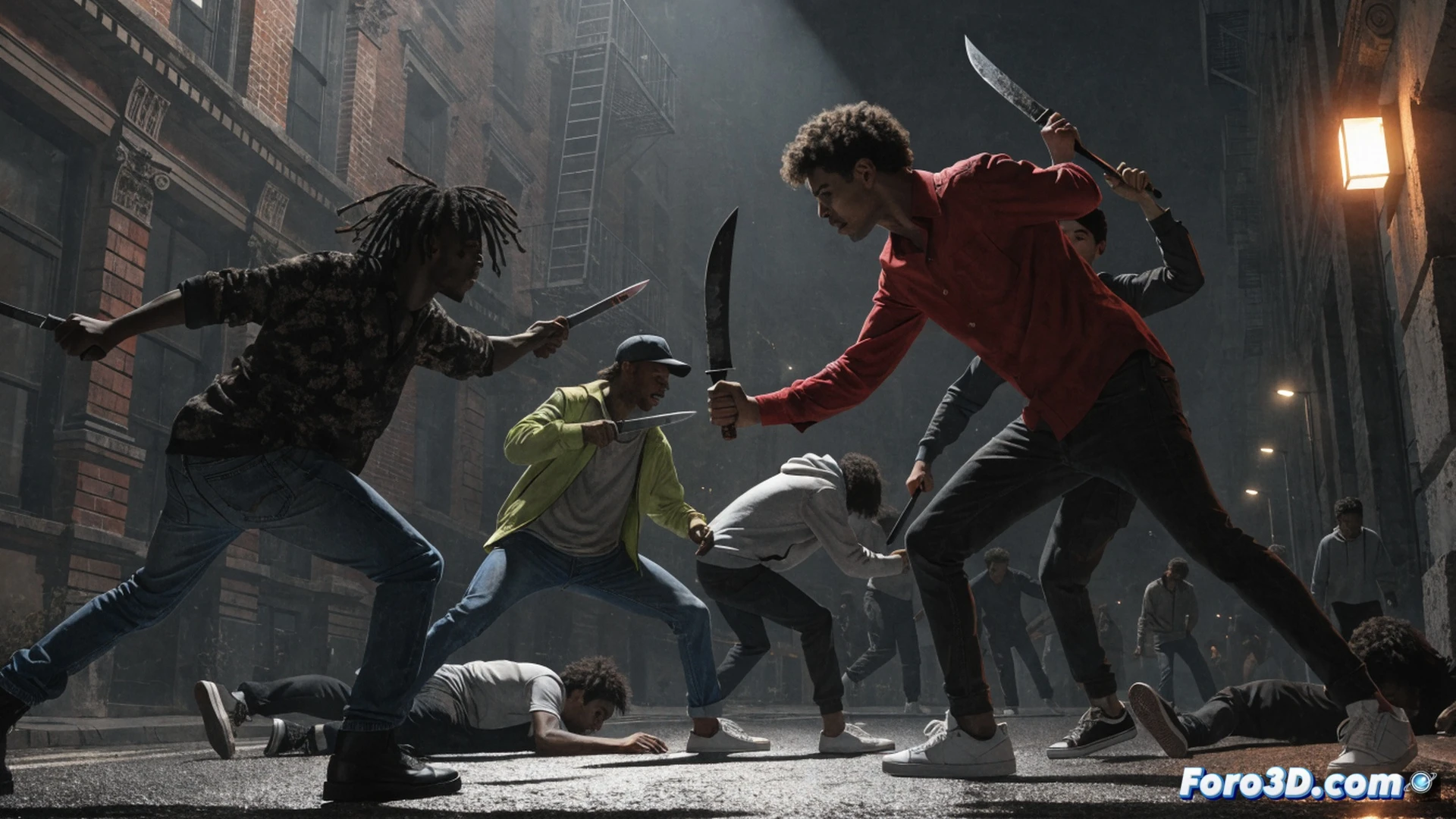 Cinematic photorealistic scene of a dark urban alley at night, two young men in a tense confrontation, one holding a kitchen knife with a reflective blade, the other defensively raising an arm, broken glass and a discarded bicycle on the ground, a community center with a closed metal shutter in the background, graffiti on the wall, a detached police patrol car with flashing blue lights in the distance but no officers visible, a broken streetlamp casting uneven shadows, abandoned plastic chairs and a shattered smartphone on the asphalt, dramatic low-angle shot, high contrast chiaroscuro lighting, cold blue and amber tones, hyper-detailed textures of concrete, metal, and fabric, cinematic depth of field, realistic urban decay atmosphere