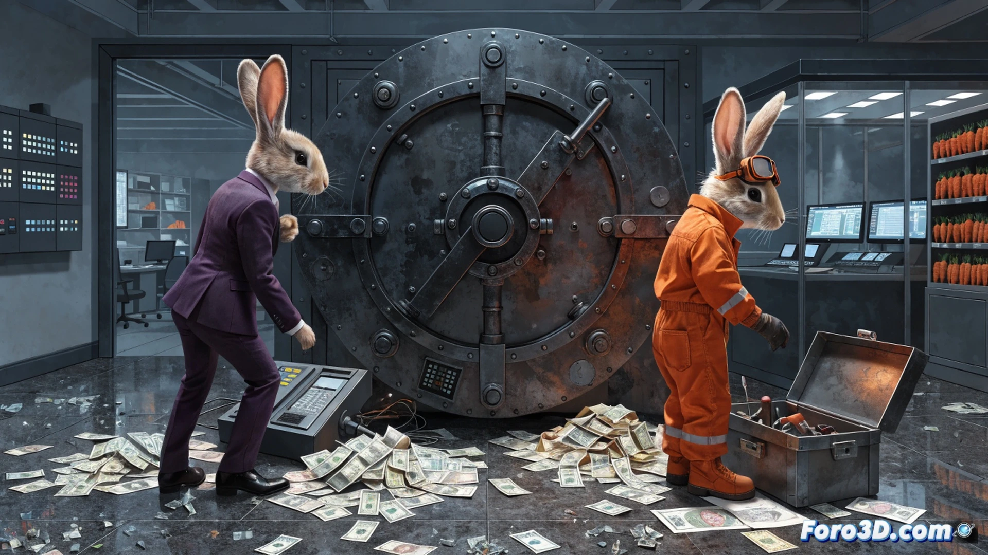 two animated rabbits in a chaotic bank vault, one rabbit hacking a terminal with glowing green code on a monitor while the other rabbit fills a bag with cartoon carrots, stacks of cash and carrots scattered on the floor, a broken security camera dangling from the ceiling, cinematic action scene, vibrant cel-shaded animation style, dramatic side lighting, motion blur on the rabbits ears and tails, glowing neon accents on the computer hardware, stylized explosion debris, photorealistic textures on the vault door, wide-angle dynamic composition