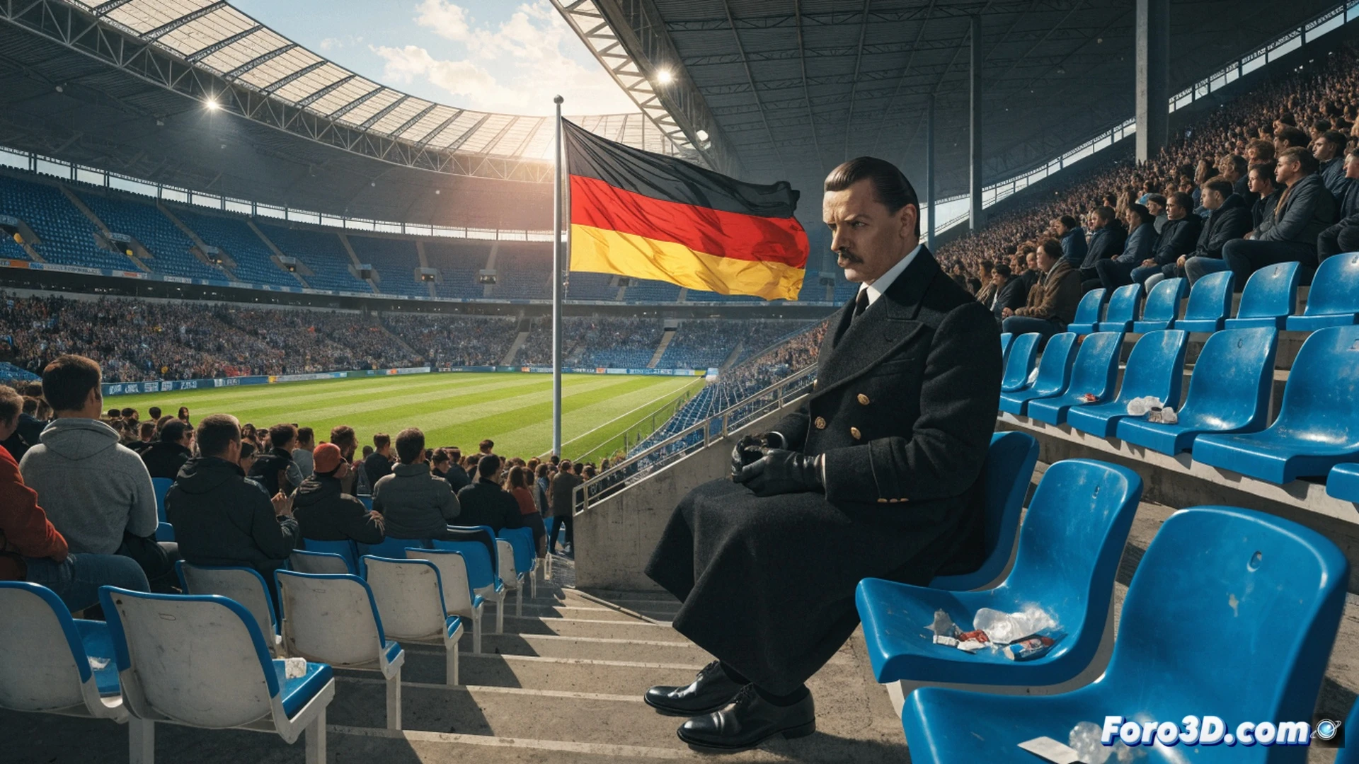 photorealistic scene of a stadium crowd during a football match, a man with grey hair sitting in the stands while a glowing digital grid overlays his face, an AI software interface visible in the foreground showing facial manipulation tools, red warning icons and a magnifying glass hovering near the altered features, contrasting the original photo on a tablet screen, dramatic stadium lighting, blurred fans in background, hyper-detailed textures on skin and fabric, cinematic technical illustration style