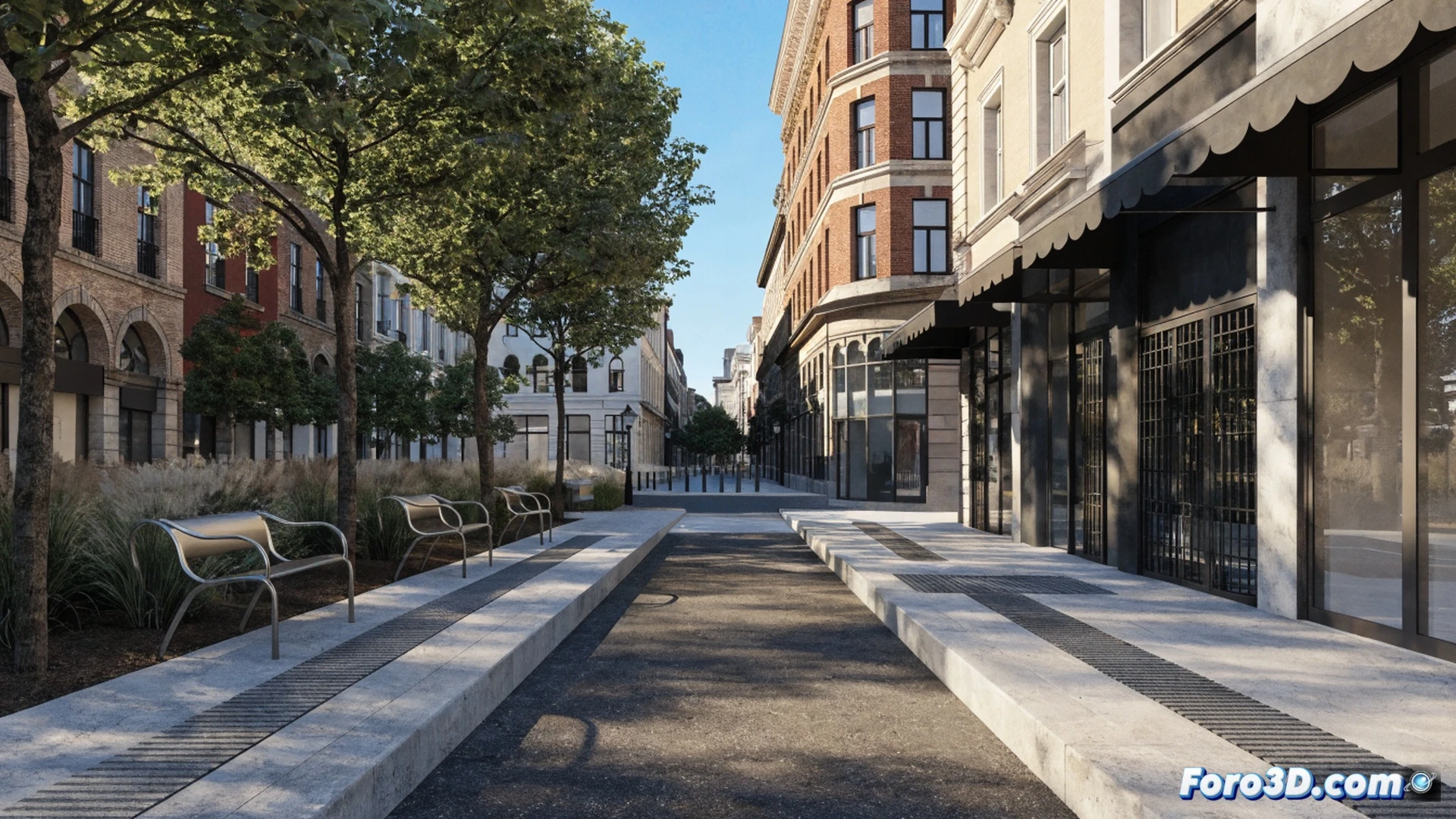plataforma única de pavimento unificado en calle urbana, eliminación de bordillos durante renovación vial, peatones caminando libremente por el centro, vehículos reduciendo velocidad al acercarse, trabajadores instalando adoquines lisos con herramientas de construcción, maquinaria de pavimentación compactando superficie, señalización vertical nueva indicando prioridad peatonal, estilo photorealistic technical illustration, luz natural de día despejado, sombras suaves, textura de piedra clara, detalles de ingeniería civil, vista en perspectiva desde el suelo, ambiente de transformación urbana ordenada