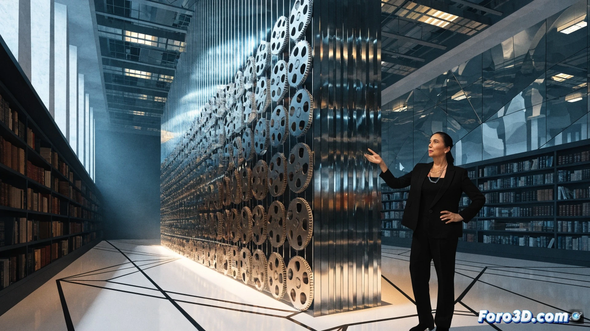 cinematic scene of a film director signing a digital rights document on a transparent tablet, surrounded by holographic data showing 3,414 creator profiles and a glowing revenue chart increasing by 10 percent, a courtroom-style gavel and a pen resting on a polished wood table, soft blue LED light from a server rack in the background, photorealistic technical illustration, dramatic shadows, sharp focus on the tablet screen and the pen tip, clean modern office environment, ultra-detailed textures