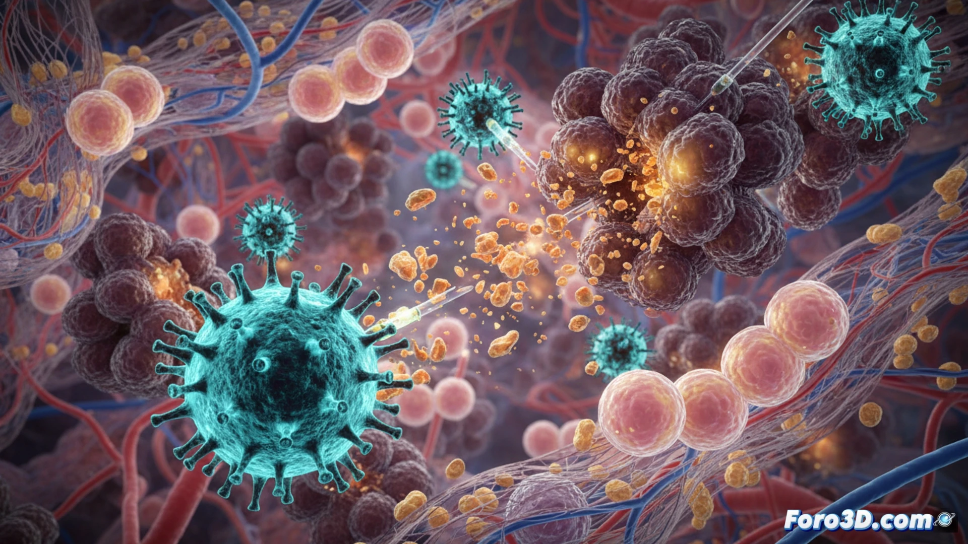 virus particles injecting directly into a pancreatic tumor surface, glowing modified viral agents penetrating cancer cell membranes, tumor tissue shrinking and breaking apart under viral attack, microscopic battlefield scene, photorealistic medical visualization, cellular structures with translucent membranes, viral particles shaped like geometric nanocapsids, bright immune response lighting, detailed organic textures, technical illustration style, cinematic depth of field, action captured during active infection process