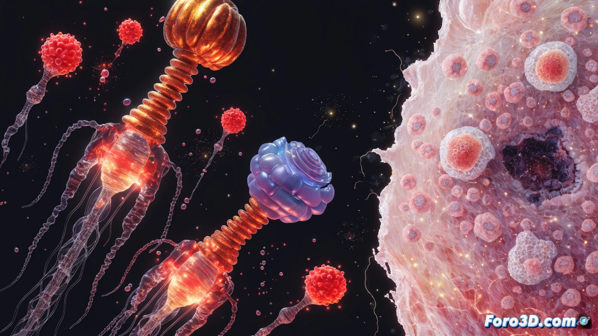 Modified bacteriophages attaching to cancer cell surface, immune cells activated by malaria vaccine components targeting tumor tissue, glowing viral particles injecting genetic material into malignant cells, destruction of tumor mass in mouse model, cinematic biomedical visualization, translucent cell membranes showing internal organelle disruption, fluorescent protein markers highlighting immune response pathways, dramatic microscopic lighting with blue and magenta tones, photorealistic cellular biology render, intricate molecular structures with shadow depth