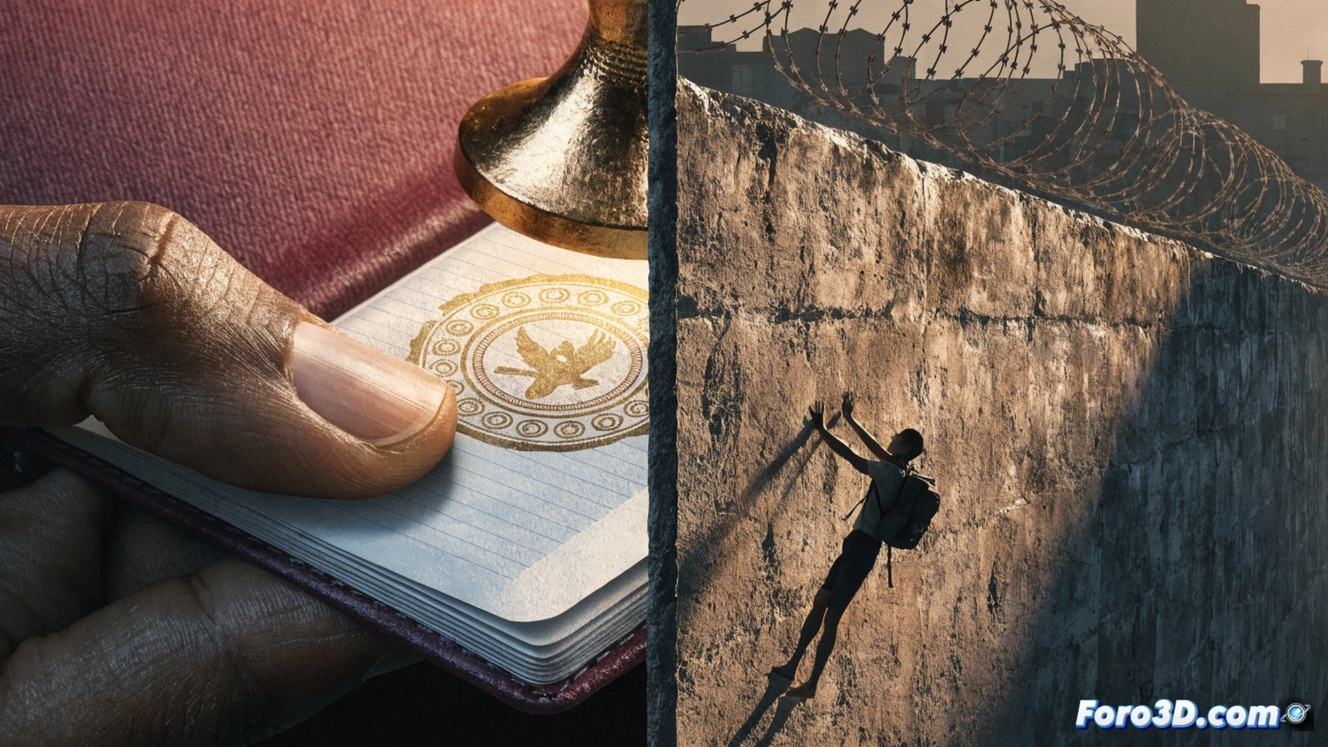 two contrasting airport scenes side by side, left side shows a white athlete breezing through a biometric passport scanner with a green checkmark on screen, right side shows a dark-skinned family of four being stopped by a security officer holding a tablet displaying a red visa denied icon, their luggage scattered on the floor, a wall of passport stamps and visa stickers behind them, cinematic photorealistic style, dramatic chiaroscuro lighting, cold blue-white fluorescent lights on the left, warm harsh orange glare on the right, ultra-detailed facial expressions, reflection of airport terminal windows in the floor tiles, technical documentary aesthetic