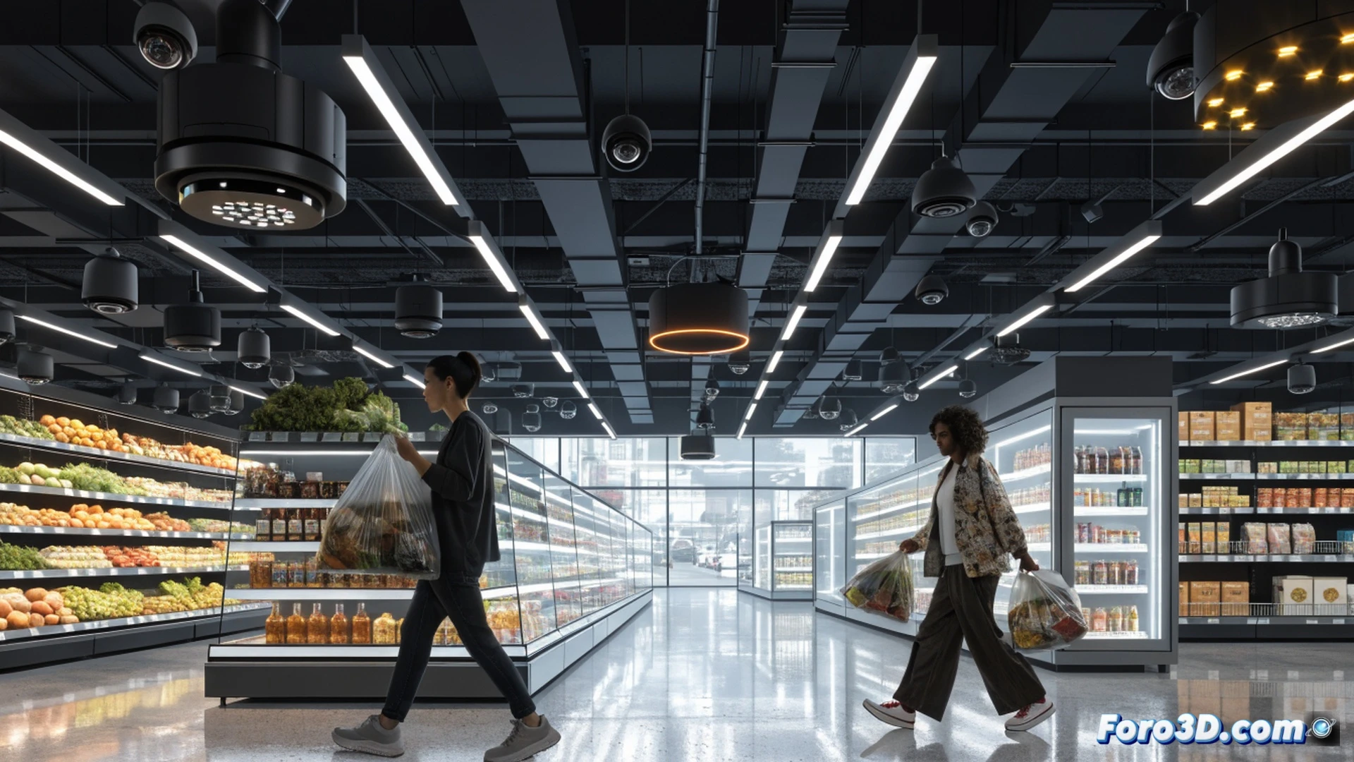 Cámaras de seguridad en el techo de una tienda minorista autónoma, cliente tomando una lata de refresco de un estante mientras un sistema de visión artificial traza una línea de seguimiento de movimiento desde su mano hasta el producto, diagramas de flujo de datos superpuestos en el aire, proceso de identificación de producto mediante bounding boxes azules, sin cajero ni colas visibles, mostrando la salida del cliente mientras el cobro automático se procesa en una interfaz holográfica, estilo cinematográfico fotorrealista con iluminación fría de supermercado, sombras suaves, detalles técnicos de hardware y software, renderizado de ingeniería ultradetallado