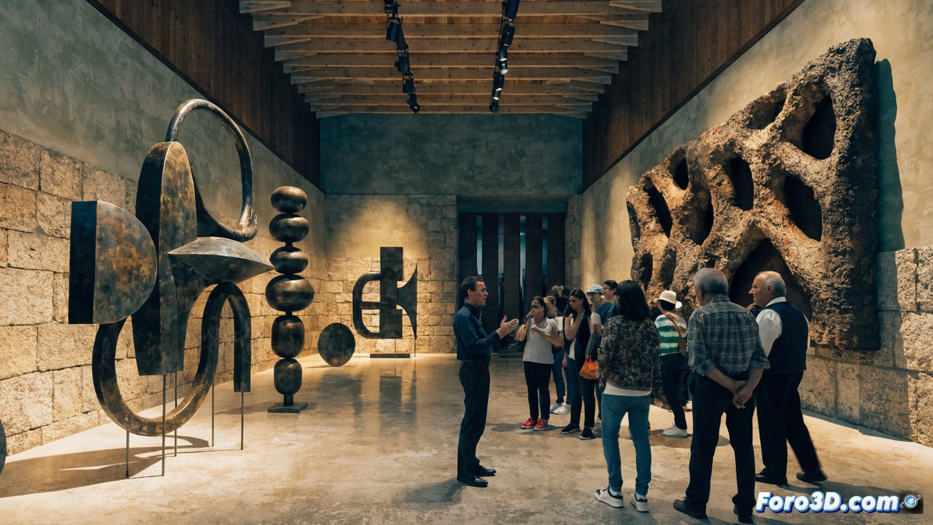 familia observando esculturas abstractas de Jorge Oteiza en sala blanca iluminada, guía señalando una pieza metálica cúbica mientras visitantes se acercan, luz natural entrando por ventanales, sombras geométricas sobre el suelo pulido, esculturas de acero y hormigón en pedestales bajos, grupo diverso de personas interactuando con las obras, ambiente cultural sereno, estilo cinematográfico realista, iluminación arquitectónica suave, texturas mate y metálicas contrastadas, fotografía documental de alta definición