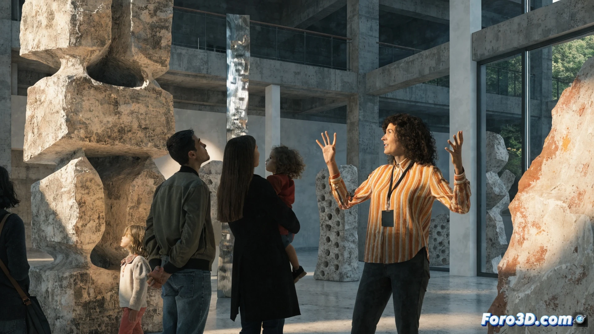 familia observando esculturas abstractas de Jorge Oteiza en sala blanca del museo, luz natural entrando por ventanales geométricos, niño señalando una pieza metálica mientras padre lee panel explicativo, guía turística señalando detalles técnicos de la obra, proceso de apreciación artística durante visita gratuita, textura rugosa del hormigón y brillo del acero inoxidable, reflejos suaves sobre suelo pulido, estilo cinematográfico fotorealista con profundidad de campo, atmósfera cultural acogedora, composición equilibrada entre figuras humanas y esculturas monumentales
