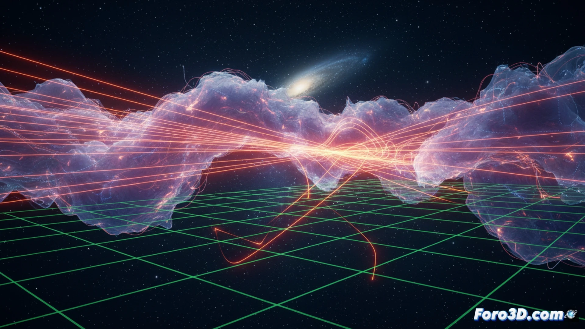 Simulación 3D de ondas de radio desviándose al atravesar nubes de plasma y campos magnéticos interestelares