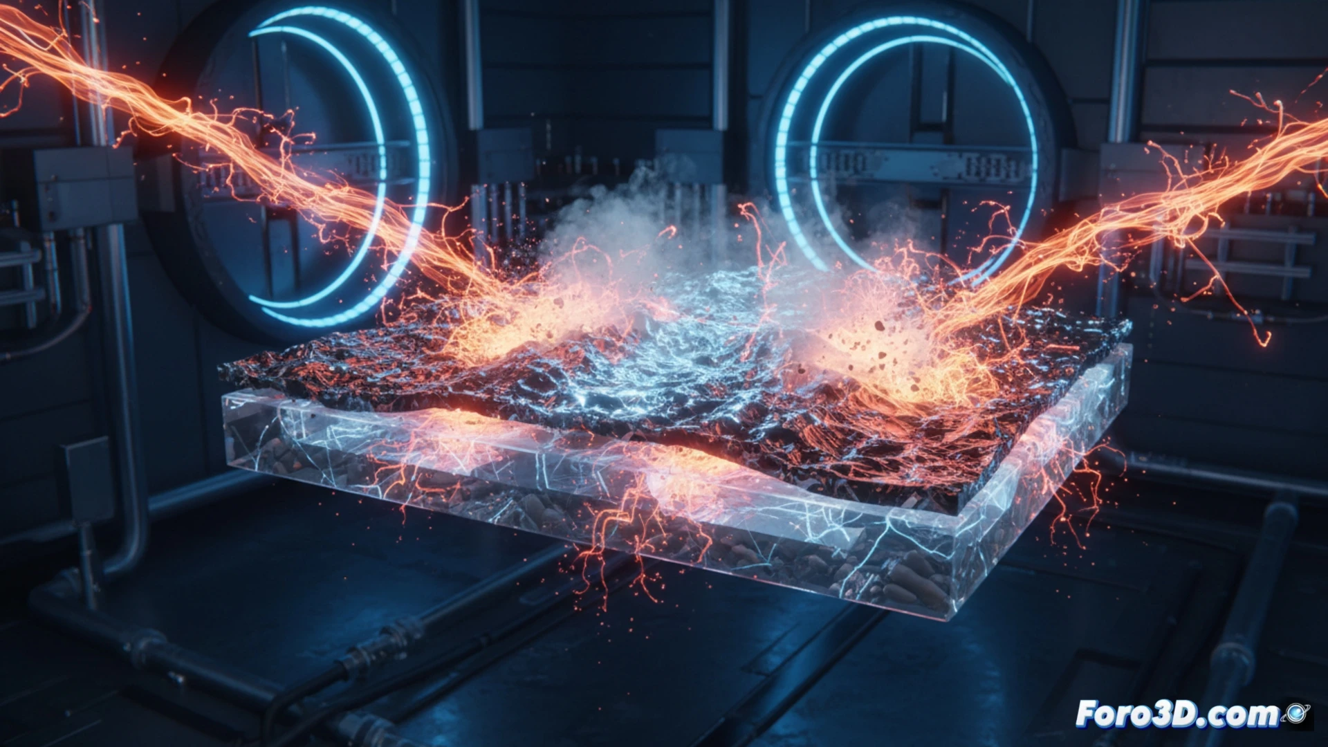 Simulación 3D de plasma erosionando pared de tokamak, mostando partículas y degradación superficial del material