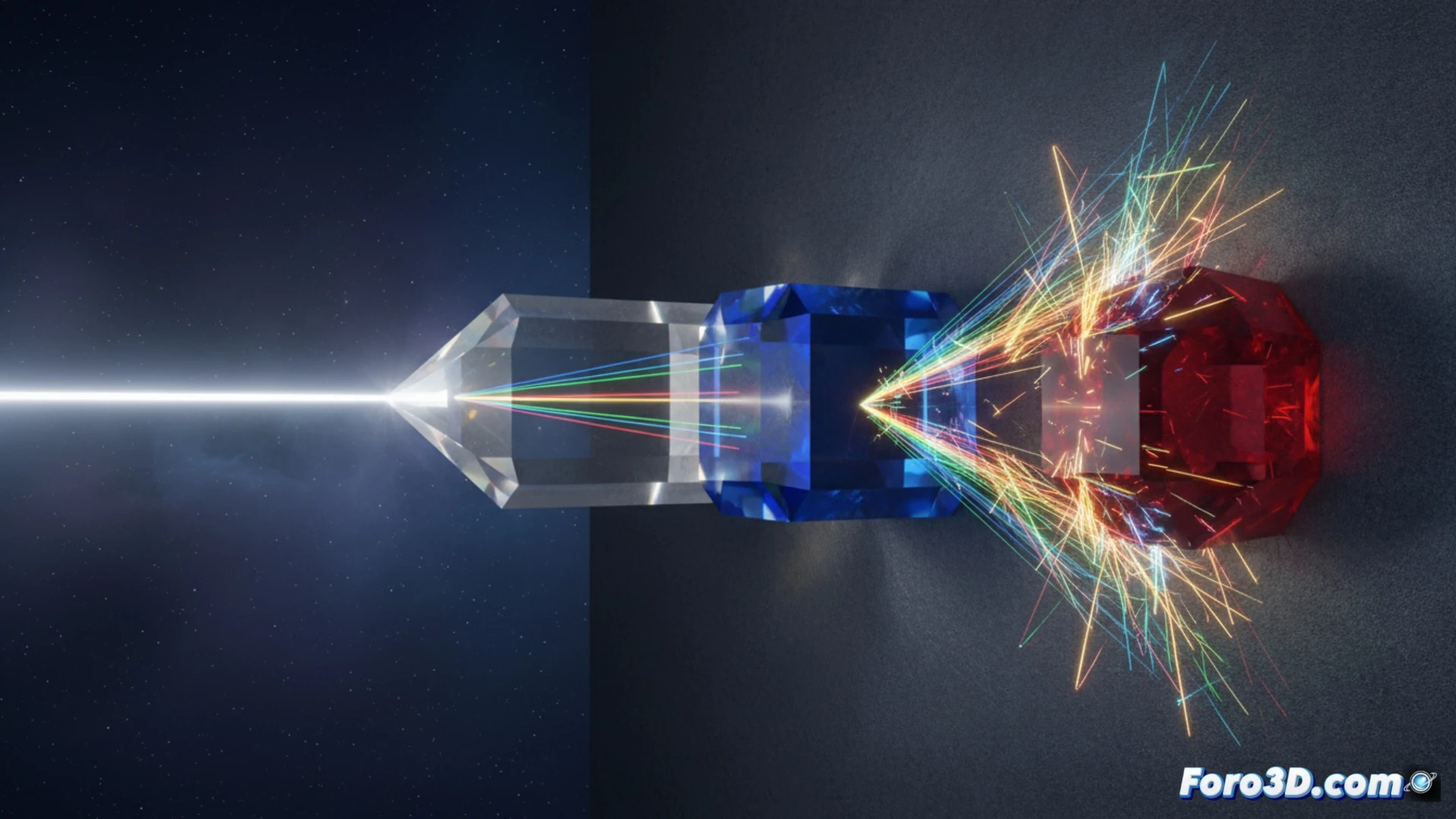 Simulación 3D de haz de luz desviándose al atravesar múltiples cristales con diferentes índices de refracción