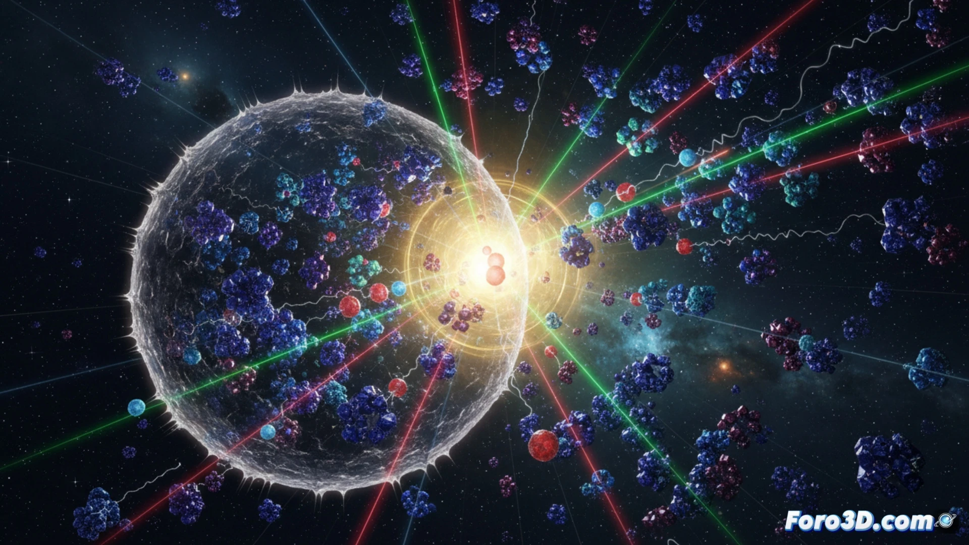 Visualización 3D de desintegración beta de neutrón en protón, electrón y antineutrino en entorno estelar