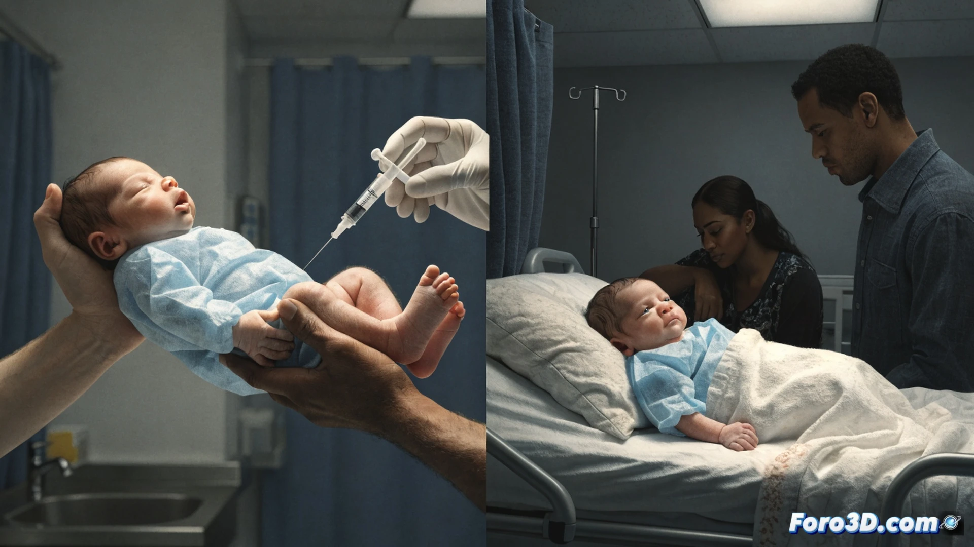 neonatal hospital nursery scene, two identical infant bassinets side by side, left bassinet holds a baby girl with a medical wristband, right bassinet holds a baby boy, a nurse’s hand is administering a vitamin K injection into the boy’s thigh while the girl’s injection syringe lies untouched on a metal tray, a circumcision consent form and a bleeding risk chart are pinned to the wall behind, clinical white light, sterile medical equipment, stark contrast between the two infants, photorealistic medical illustration, cold blue-white hospital lighting, hyper-detailed skin texture and medical supplies, dramatic chiaroscuro emphasizing inequality