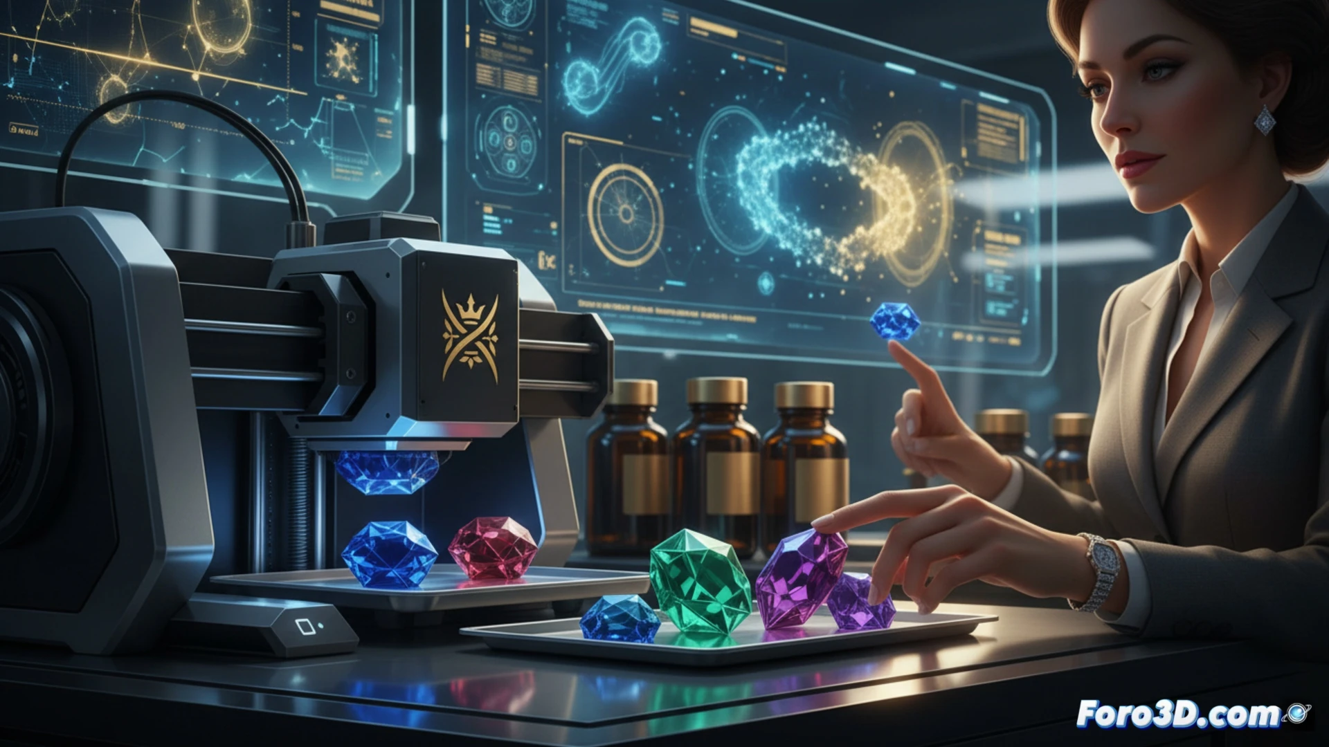 photorealistic technical scene showing a luxury vitamin bottle being ejected from a 3D printer nozzle onto a marble countertop, while a gloved hand holds a credit card near a glowing touchscreen interface displaying fake health metrics, scattered placebo pills with metallic sheen around the printer, soft dramatic lighting highlighting the contrast between sterile medical aesthetics and opulent surroundings, cinematic engineering visualization, ultra-detailed mechanical parts of the printer arm moving during the process, blurred background with abstract digital marketing graphs fading away, realistic material textures on plastic and metal components