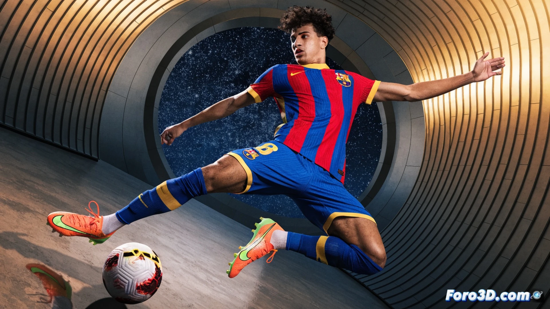 young brazilian striker in explosive acceleration phase during a tactical drill, three transparent holographic overlays showing footwork speed, diagonal run timing, and both-foot finishing zones, modern training pitch with motion capture cameras and LED tracking arrays, cinematic technical illustration, dynamic pose with blurred grass particles, orange and blue neon attribute highlights, hyperrealistic muscular tension, dusk stadium lighting, volumetric fog, photorealistic sports science visualization