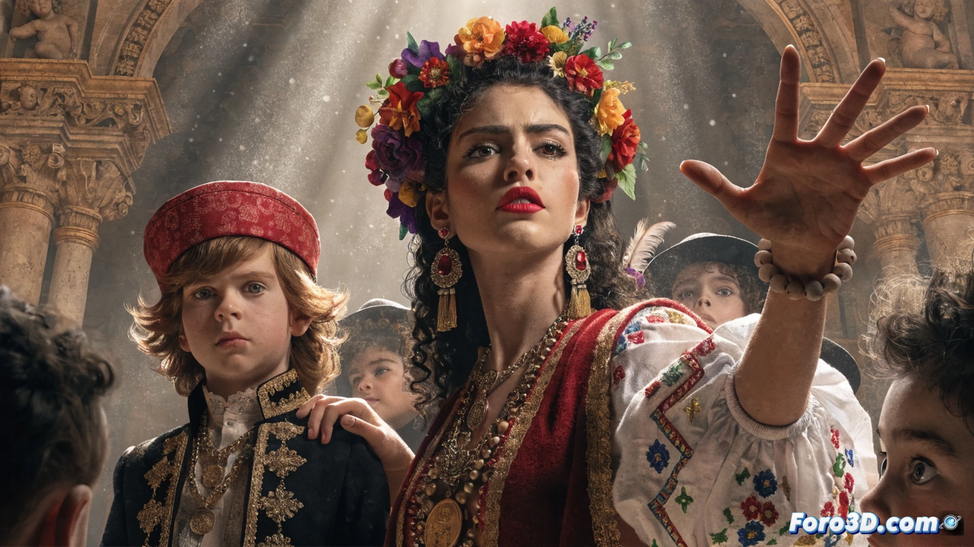Grupo de niños coloridos sosteniendo cuerdas rojas mientras detienen una daga que cae hacia una cantante de ópera sobre un escenario iluminado, partituras flotando en el aire durante la intervención, proyector de cine vintage mostrando el final alternativo en la pared del fondo, decorados teatrales de cartón con flores de metal, estilo cinematic illustration con sombras dramáticas, luces cálidas de foco contrastando con el fondo oscuro, textura de acuarela digital sobre el vestuario, ángulos de cámara desde el suelo mostrando la acción heroica, photorealistic render con elementos oníricos