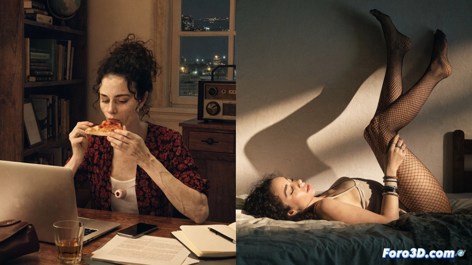 A woman with a subtle bald head and a playful smirk lies on a rumpled bed, one hand gripping a sleek vibrator while the other rests on her chest, hospital bracelet visible on her wrist, medical IV stand with a clear bag in the background, messy sheets and a fallen pillow on the floor, warm afternoon sunlight streaming through a half-open curtain, cinematic photorealistic style, soft focus on medical equipment in the background, intimate mood with contrasting shadows, showing resilience and desire coexisting during a cancer journey, no text or numbers in the image
