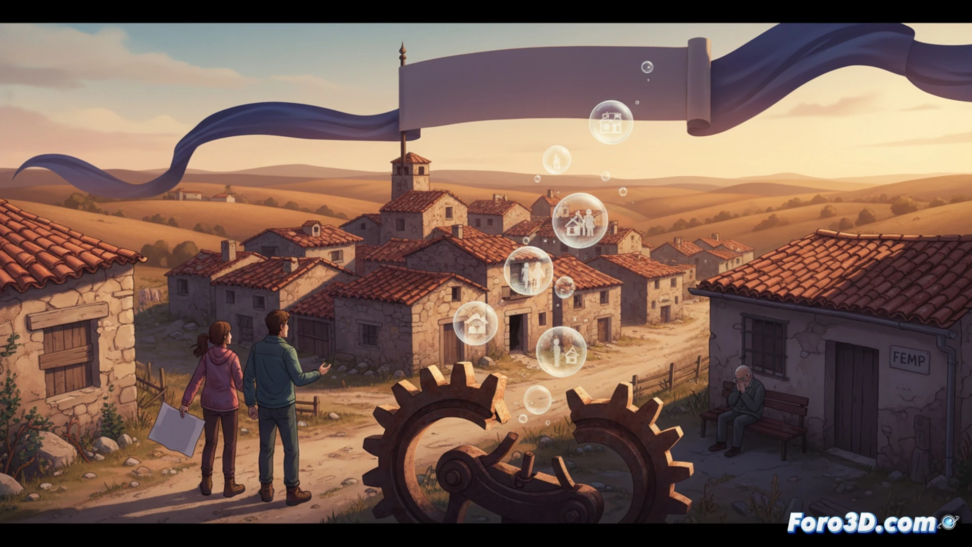cinematic wide shot of a small Spanish village plaza, crumbling stone houses in background, a young couple holding a blueprint standing next to a broken water pipe, a municipal official gesturing vaguely with empty hands while a laptop on a wooden table shows an unfinished digital housing plan, photorealistic technical illustration, warm golden hour light contrasting with grey clouds, dust particles in air, cracked asphalt underfoot, abandoned construction tools nearby, hyper-detailed textures of peeling paint and rusted railings, dramatic tension between hope and decay, 8k architectural visualization