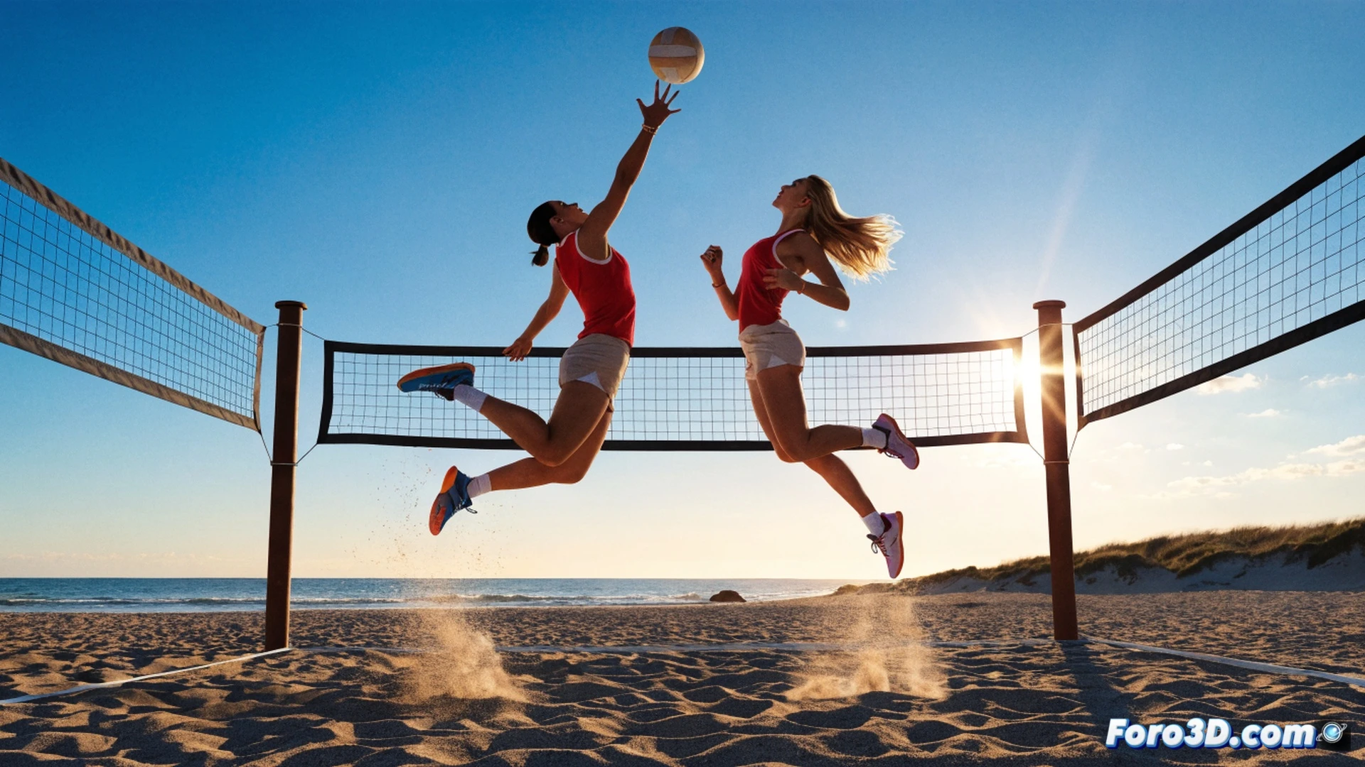 two female beach volleyball players mid-air spike and block on a sunlit sand court, sand particles flying from powerful jumps, volleyball net with tension cables visible, dynamic action pose with athletic muscle definition, sunset golden hour lighting casting long shadows, photorealistic cinematic style, shallow depth of field blurring background palm trees, sweat droplets frozen in motion, high-contrast dramatic lighting, ultra-detailed skin texture and sand grains, wide-angle lens perspective emphasizing vertical leap