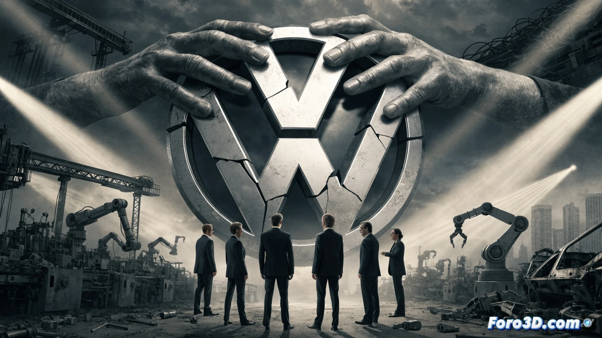 Volkswagen assembly line frozen mid-operation, robotic arms halted above partially built car chassis, six of nine executive silhouettes visible through glass office overlooking factory floor, one manager gripping broken circuit board while another points at empty parts supply bins, red warning indicators flashing on diagnostic screens, dust settling on unused tools, cinematic photorealistic engineering visualization, cold industrial lighting casting long shadows, metallic surfaces reflecting emergency strobes, tension visible in body language, ultra-detailed mechanical components, dramatic crisis atmosphere