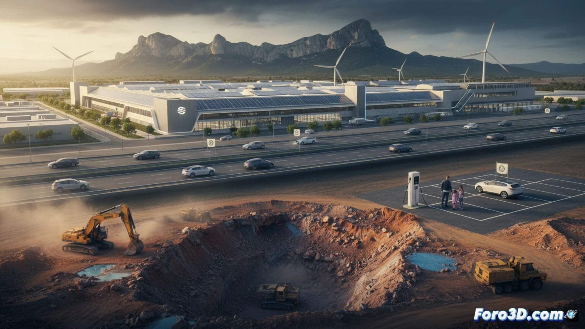 industrial factory floor panorama, massive robotic arms assembling an electric car chassis while a green glowing fiscal receipt hangs from the ceiling like a curtain, lithium mining excavator buckets dripping with dark mud hover above the assembly line, a single broken EV charging station lies on its side in the foreground with cables severed, workers in blue overalls stand frozen looking up at the receipt, cinematic photorealistic engineering visualization, dramatic chiaroscuro lighting from welding sparks, concrete floor reflecting oil stains and battery coolant, metallic surfaces with realistic wear, wide-angle lens emphasizing scale, hyperdetailed mechanical components, moody industrial atmosphere