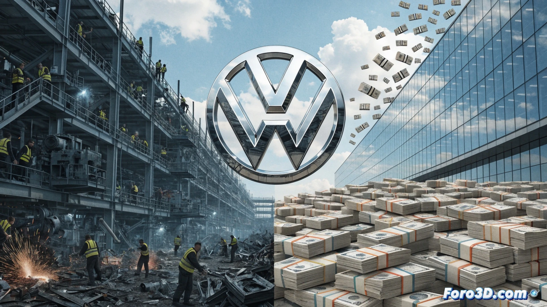 Volkswagen assembly line during massive layoffs, robotic arms idle while golden coins pour down onto a pile labeled shareholder dividend, factory workers in blue uniforms packing tools into boxes, financial charts on digital screens showing 44 percent net profit drop, one executive handing a thick envelope to an investor while turning back on employees, dramatic contrast between dark factory floor and glowing gold stream, photorealistic cinematic industrial scene, harsh overhead lighting casting long shadows, mechanical precision with human tension, hyper-detailed engine components in foreground, technical engineering visualization