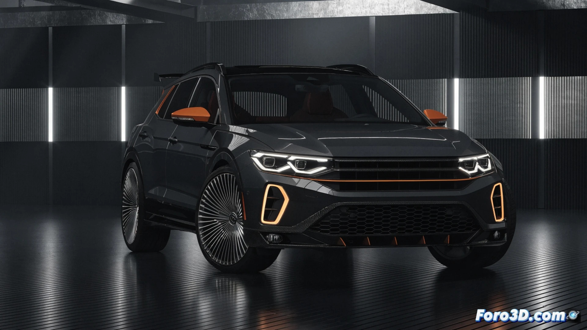 Volkswagen T-Roc R 2027 undergoing dynamic chassis testing on a rolling road dyno, front wheel spinning at high speed, visible 48V mild hybrid battery pack being inserted into the rear floor structure, glowing electric motor assist torque vectoring through the dual-clutch transmission, aerodynamic air curtains flowing over sculpted wheel arches, cinematic engineering visualization, carbon fiber brake discs glowing red under load, suspension components flexing during compression, motion blur on rotating parts, blue electrical discharge highlighting the hybrid system connection, photorealistic technical render, dramatic workshop lighting with LED strips illuminating mechanical details