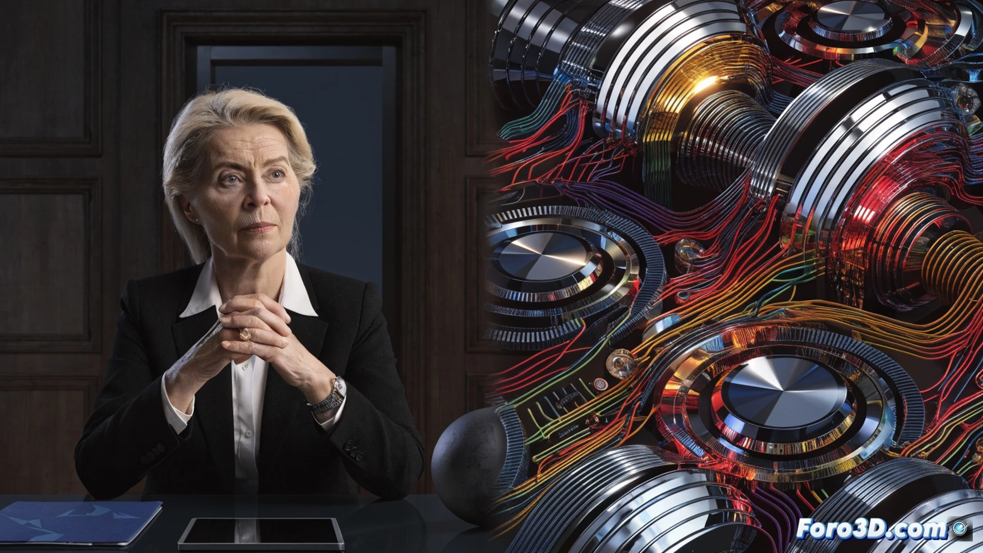 European Commission President Ursula von Leyen shaking hands with US AI regulator beside holographic globe showing transatlantic data streams, both standing before a glass panel displaying aircraft safety standards compared to AI certification metrics, glowing blue neural network nodes floating above a secure server rack, cinematic photorealistic technical illustration, dramatic side lighting, sleek futuristic office environment, polished metal surfaces reflecting code