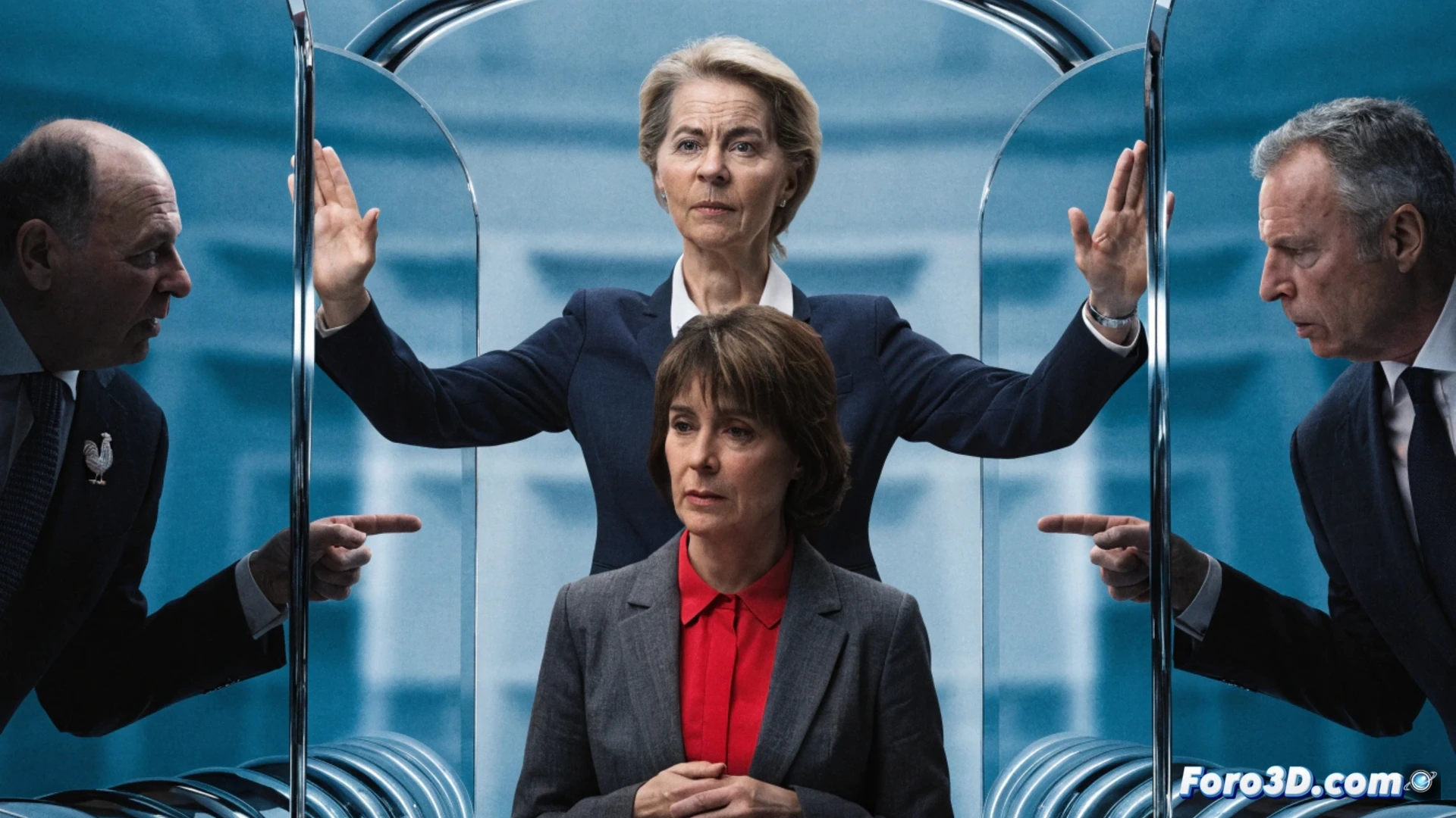 cinematic photorealistic scene of a reinforced glass-walled EU diplomatic control room, Kaja Kallas standing firm at a central holographic globe showing Ukraine highlighted in blue while other conflict zones dim, Ursula von der Leyen placing a protective hand on Kallas shoulder, two shadowy figures representing France and Germany pushing against a transparent digital wall marked with EU foreign service network nodes, cables and server racks glowing with diplomatic data streams, tense negotiation atmosphere, cold blue and amber lighting, ultra-detailed facial expressions, dramatic shadows, technical command center visualization