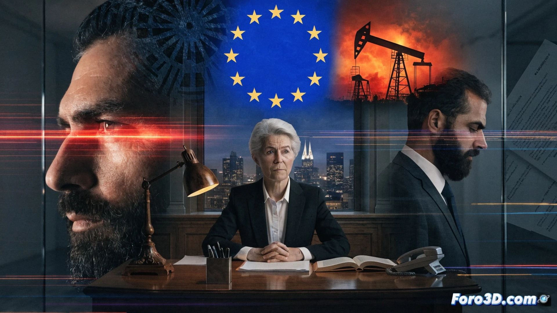 Close-up of a diplomatic negotiation table, European Commission president Ursula von der Leyen pressing a red button labelled sanctions, a digital holographic map of Iran showing nuclear facility and oil pipeline routes, her hand holding a document with verified human rights checkmarks, oil barrel price ticker fluctuating in background, cinematic photorealistic visualization, dramatic chiaroscuro lighting, polished metal surface reflections, ultra-detailed political briefing room, tense geopolitical atmosphere