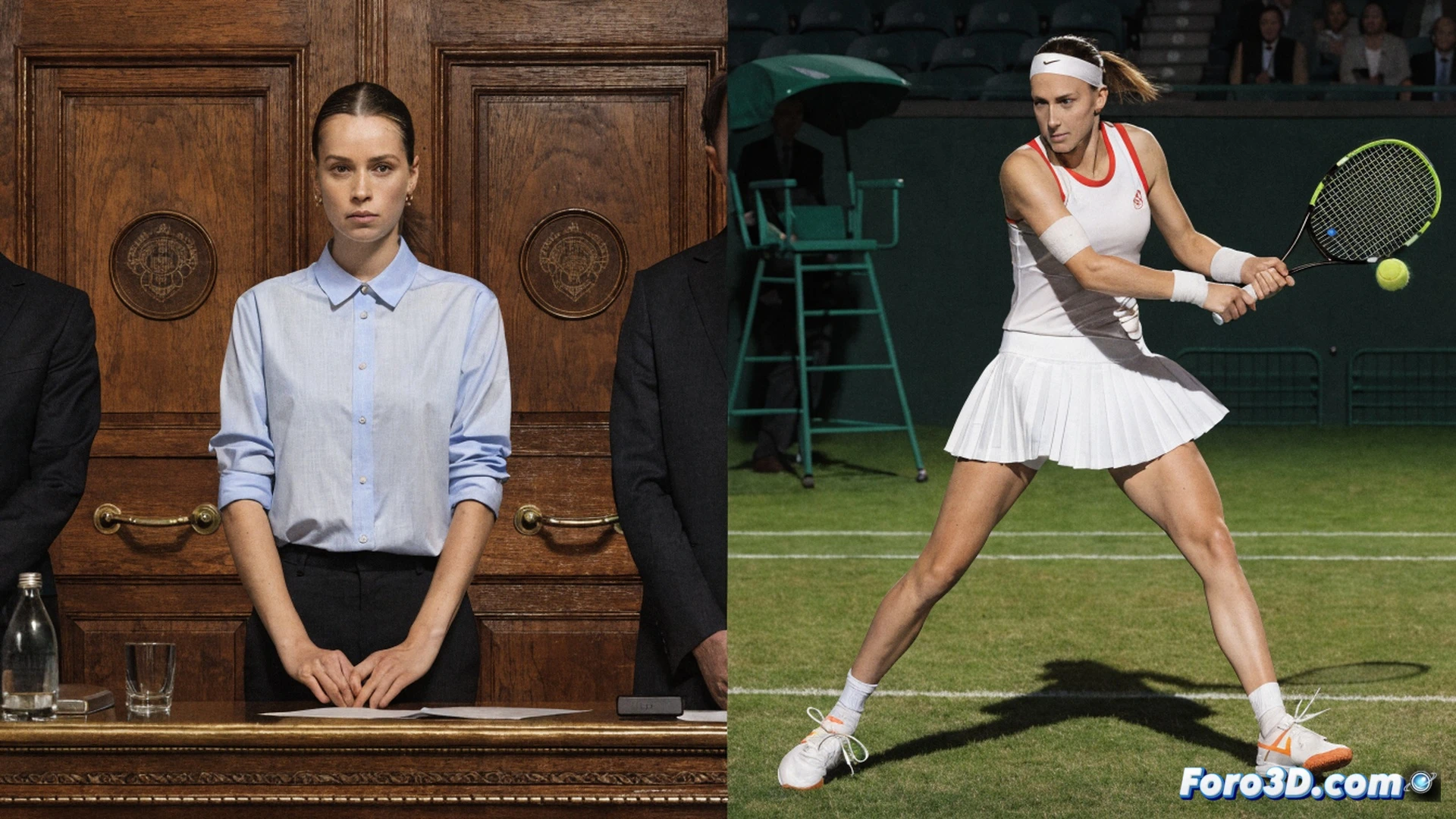 photorealistic tennis court scene at dusk, Marketa Vondrousova standing near a net with a racket in hand, a tournament official holding a sealed doping control kit and clipboard, two WADA agents in official vests approaching with a testing case open showing vials and forms, Vondrousova turning away with a tense expression while a judge in background raises a suspension notice document, stadium lights casting dramatic shadows, blue clay court texture visible, forensic-style lighting on the testing equipment, ultra-detailed fabric wrinkles and leather bag textures, cinematic sports journalism style