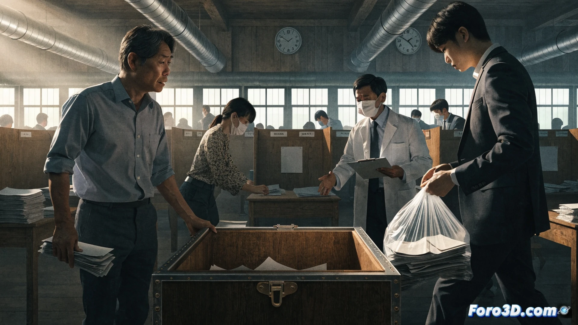 empty voting booths in a South Korean school gymnasium, citizens standing confused near empty ballot boxes, election officials urgently checking a malfunctioning digital ballot printer with error code on its display, stacked empty paper trays, technical inspection of printer rollers and paper feed mechanism, cinematic photorealistic style, fluorescent ceiling lights casting harsh shadows, distressed expressions, metallic voting machines, wires and hardware visible, dramatic documentary lighting, ultra-detailed textures on plastic and metal surfaces, wide-angle lens capturing the scale of disarray