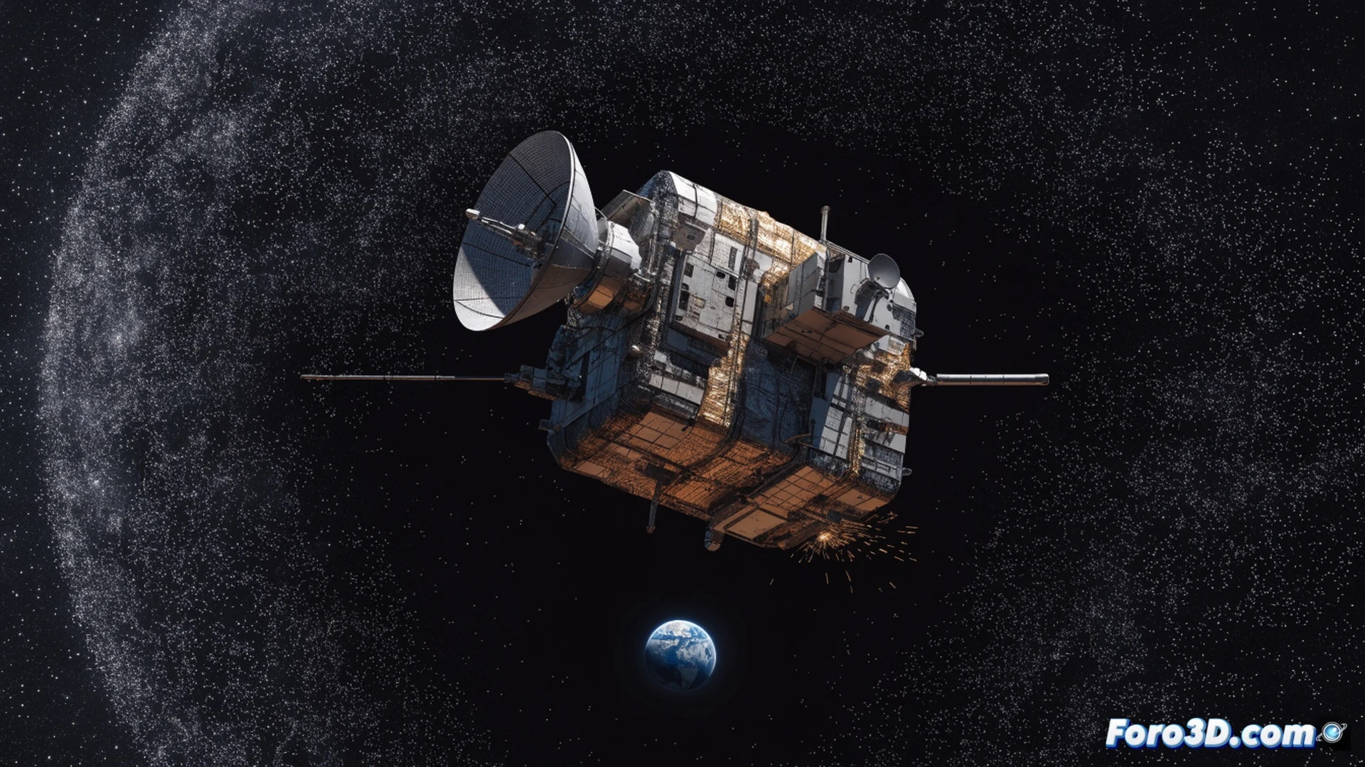 Voyager 1 spacecraft crossing the boundary of one light-day distance from Earth, golden record tilted on its side, radioisotope thermoelectric generator casing cracked and emitting faint orange glow, thruster nozzles cold and idle, solar wind particles fading into deep black void, engineering cutaway showing depleted plutonium pellets inside RTG, antenna dish partially shadowed by interstellar dust, cinematic technical illustration, hyper-realistic metallic textures, cold starlight reflecting off golden plaque, dramatic contrast between bright antenna and dark space, precise spacecraft geometry, photorealistic engineering visualization