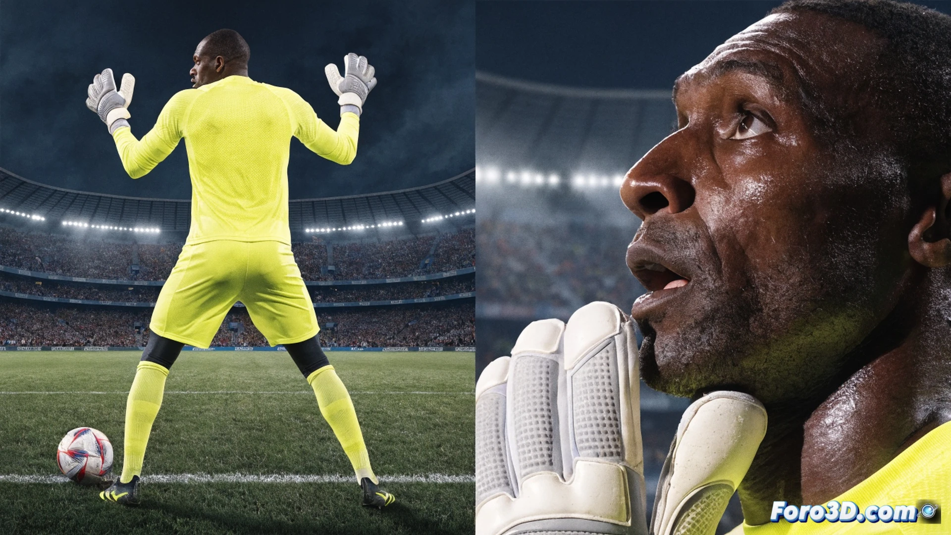 Veteran goalkeeper diving to save a penalty kick during a high-stakes match, worn gloves with visible tears and mismatched patches, stadium floodlights casting long shadows on rain-soaked artificial turf, crowd blurred in background, cinematic sports photography style, dramatic low-angle shot, sweat droplets frozen mid-air, weathered goalpost with chipped paint, photorealistic render, intense action frozen in time, gritty textures on jersey and boots, emotional tension visible in facial expression