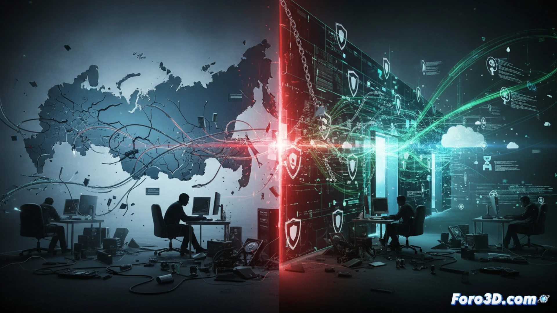 Un desarrollador ruso frente a una pantalla con código, rodeado de iconos de VPN tachados y engranajes rotos, simbolizando el bloqueo tecnológico.