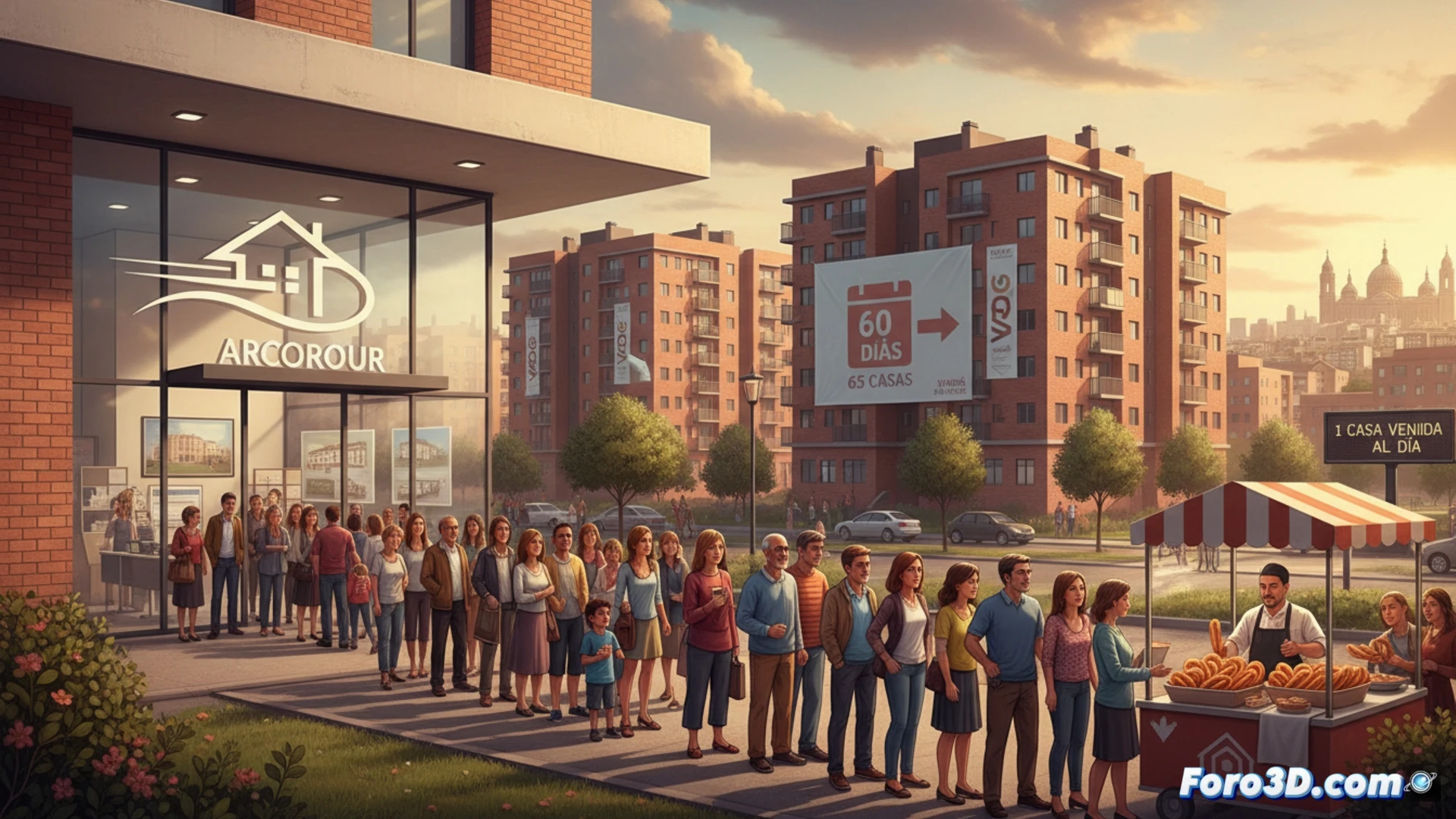Modern housing development scene, construction crane lifting a row of freshly sold apartment keys above a model of 65 identical VPO units arranged in grid formation, red sold stickers covering nearly all models on a sales table, engineer pointing at a calendar showing one house sold per day for two months, blueprint scrolls unrolled with Arcosur floor plans, photorealistic technical illustration, cinematic lighting with warm sunset glow, dust particles in air, construction workers in background framing new walls, realistic concrete textures, high-angle shot showing rapid sales progress, dramatic contrast between sold and unsold units.